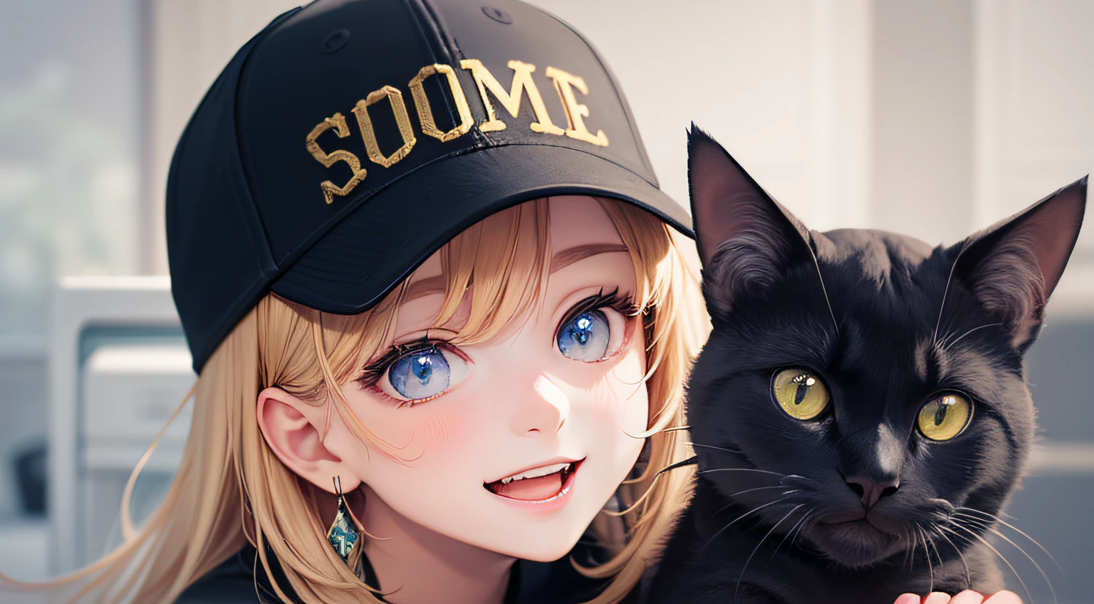 (((Highest image quality))), The finest illustrations, Hand dragging cute black cat, A happy smile on his face, The moment the eyes shut up and opened their mouths, Cute and stylish teenage girl low profile, Styling with a baseball cap
