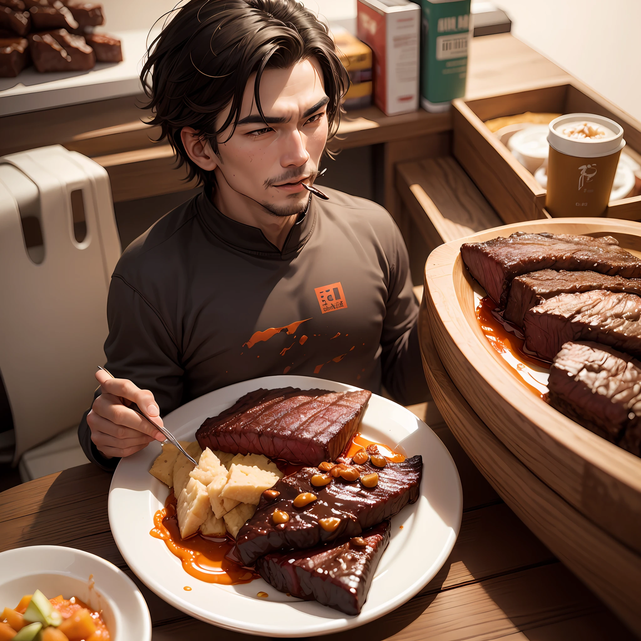 Man indulges in delicious beef jerky。 --auto