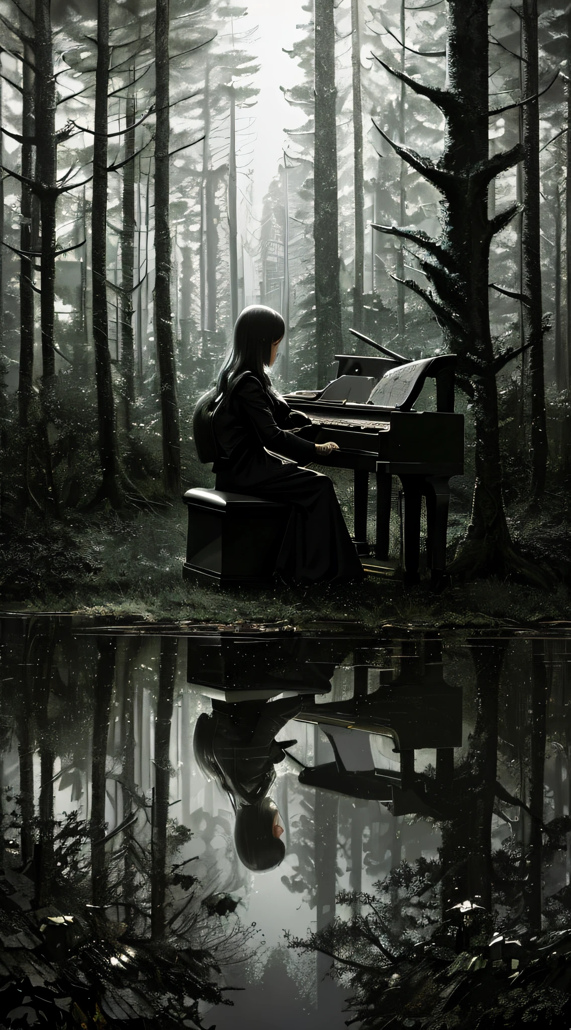 (best-quality:0.8),
(best-quality:0.8), real, night, fullbody, wide,playing piano, lonely girl in the middle of a sad dark gloomy forest, crying, depressed, looking up, bokeh, depth of field, artstation