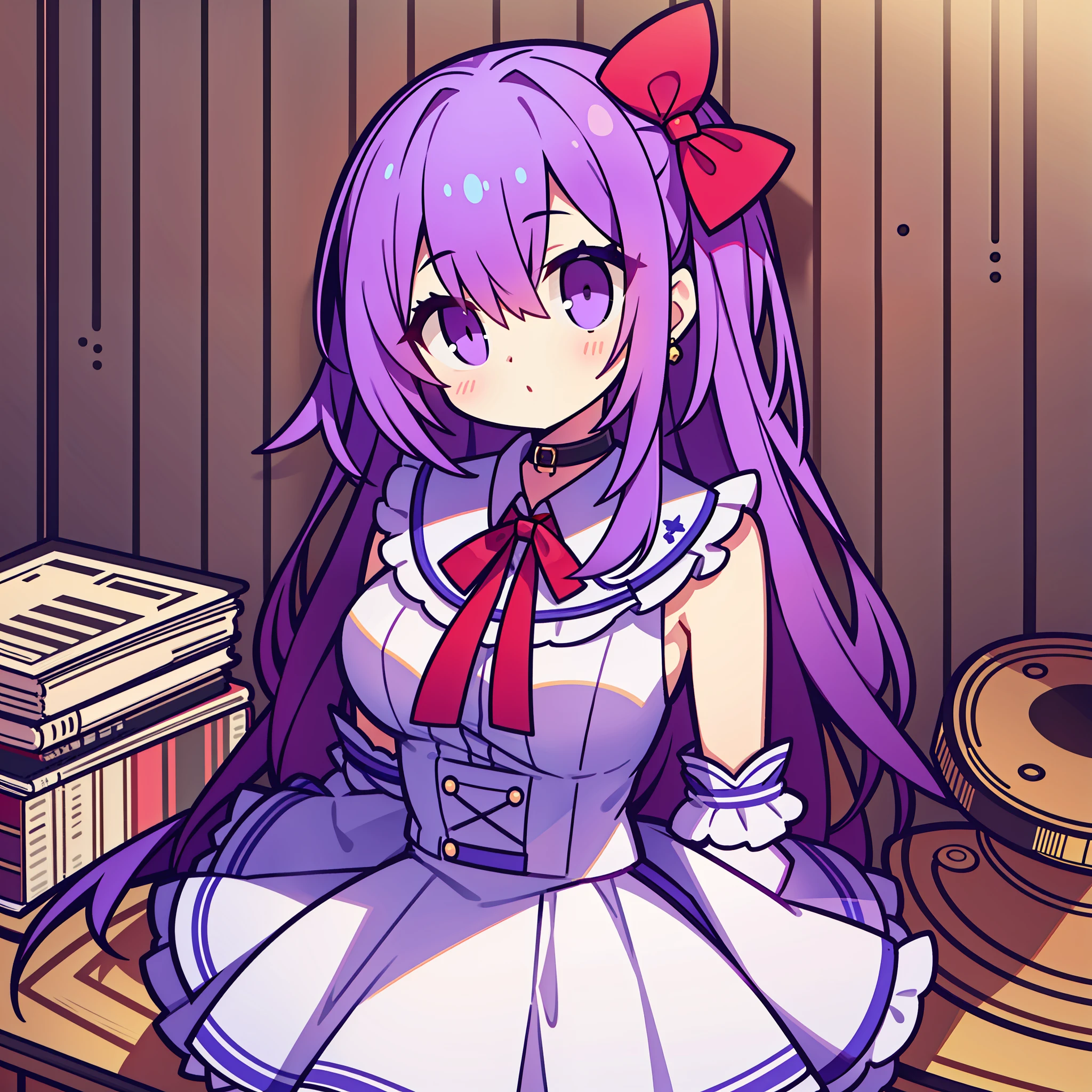 1girll,Purple colored hair,long whitr hair,A red bow is worn on the head,Purple eye,White collar,a blue dress,short skirt