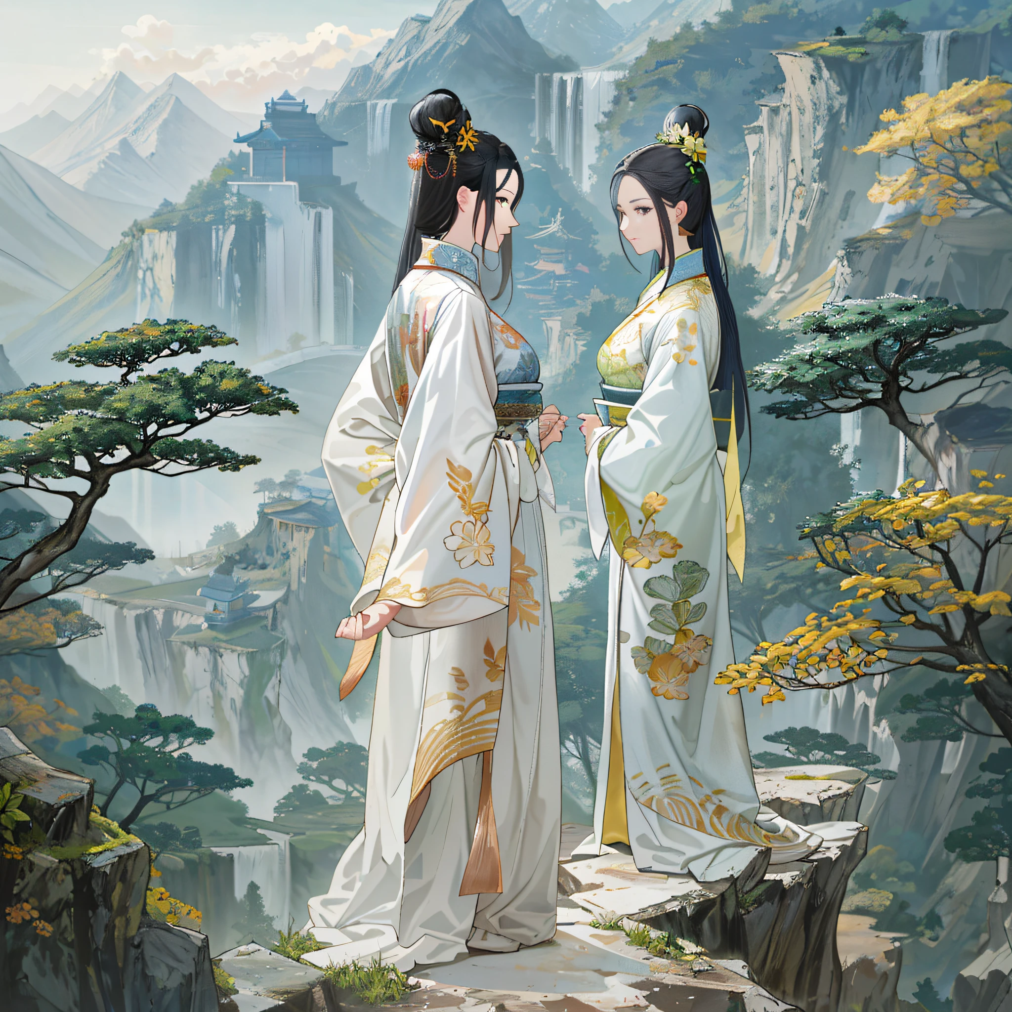 celestial gardens, Chinese style, Big view, Two white-clothed Chinese beauties standing on the back of Immortal Mountain on the edge of the cliff，In the distance there is a heavenly palace