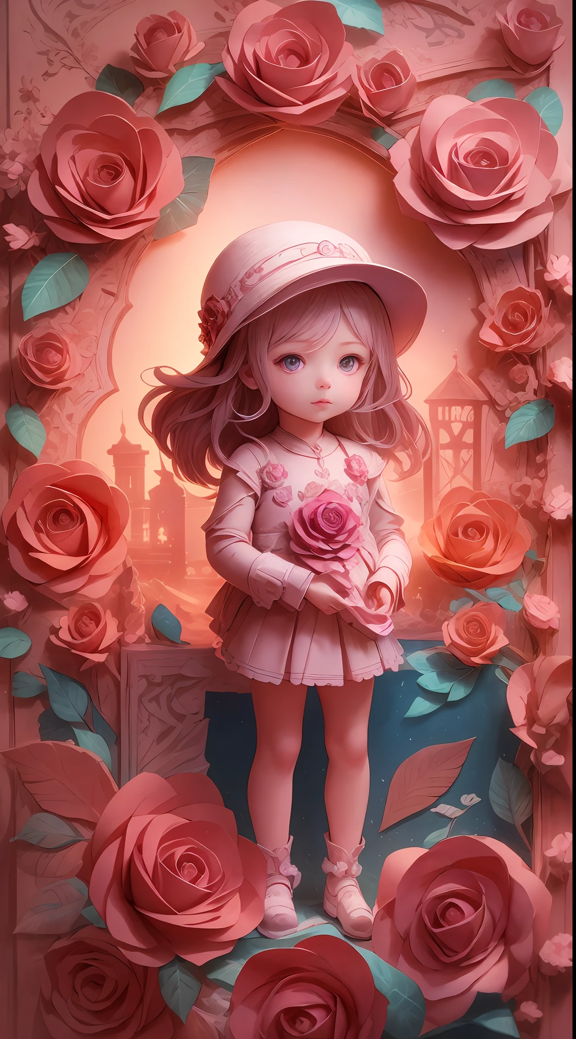 illustration: 1.3), paper art, 3D rendering of, Colorful background, （cute female child: 1.3), (Masterpiece rose: 1.2) , Colorful, Best quality, Detailed details, Masterpiece, offcial art, movie light effect, 4K, Chiaroscuro , Flash