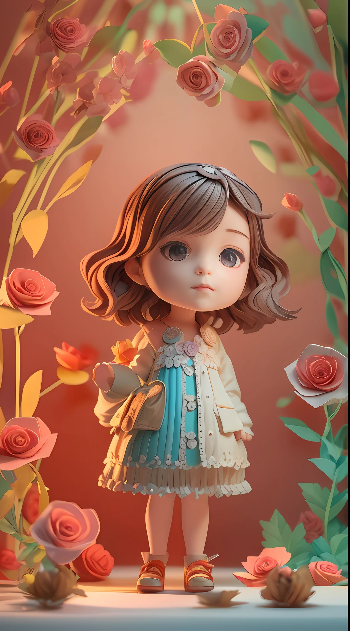 illustration: 1.3), paper art, 3D rendering of, Colorful background, （cute female : 1.3), (Masterpiece rose: 1.2) , Colorful, Best quality, Detailed details, Masterpiece, offcial art, movie light effect, 4K, Chiaroscuro , Flash