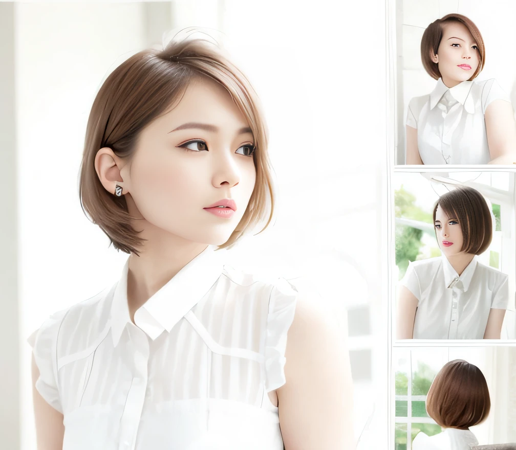 The image of Arad of a woman with short hair and a white shirt, with short hair, white hime cut hairstyle, with short brown hair, style of yoshii chie, chin-length hair, Medium short hair, symetrical japanese pearl, with a bob cut, Brown Bob hairstyle, Short brown hair, Great _ Hairstyles, Brown straight straight short hair, short hair style