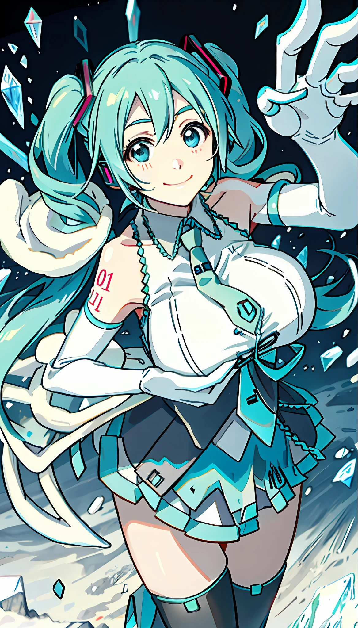 Hatsune Miku、machanical limbs、a large breast、A slight smile、IceMagicAI