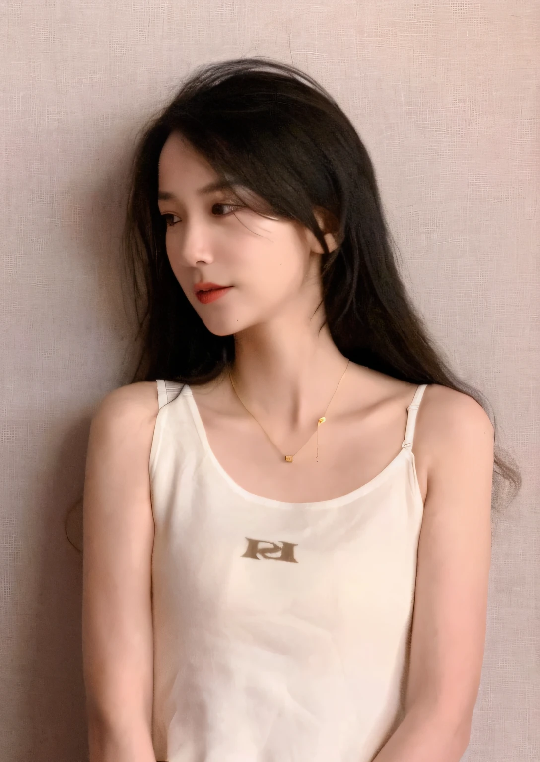 Woman with long black hair in a white vest, Li Zixin, lv jewelry, shaxi, dilraba dilmurat, Open V chest clothes, Lu Ji, Inspired by Huang Ji, lulu chen, kanliu666, very very low quality, very low quality, leaked image, xintong chen, jia