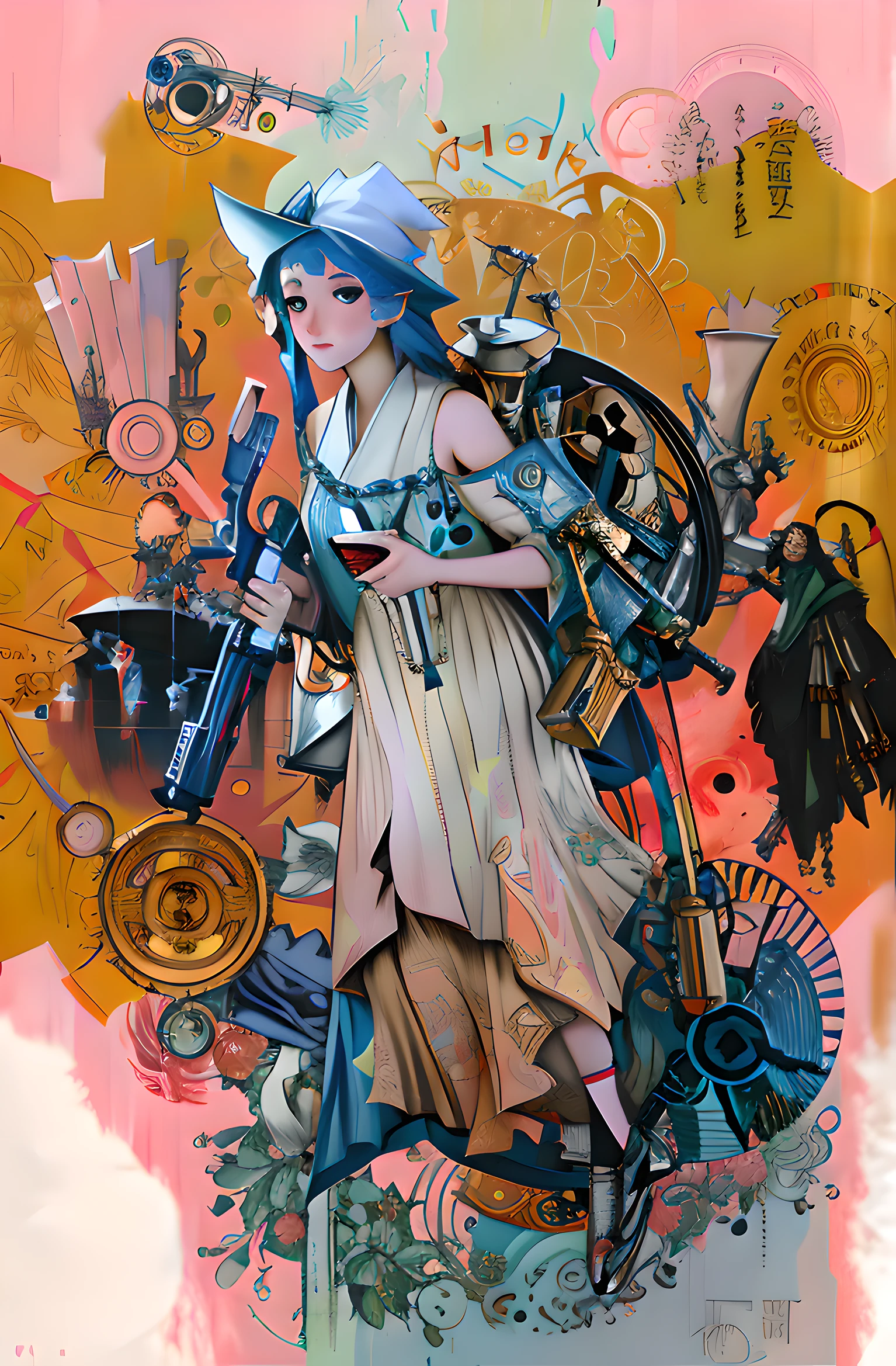 Anime - Style painting of a woman in a hat and a gun, Alphonse mucha and rossdraws, by amano, mechanized witch girl, beeple and alphonse mucha, style of yoshitaka amano, inspired by Dustin Nguyen, mechanical angel, Anime style mixed with Fujifilm, posuka demizu, Guviz-style artwork