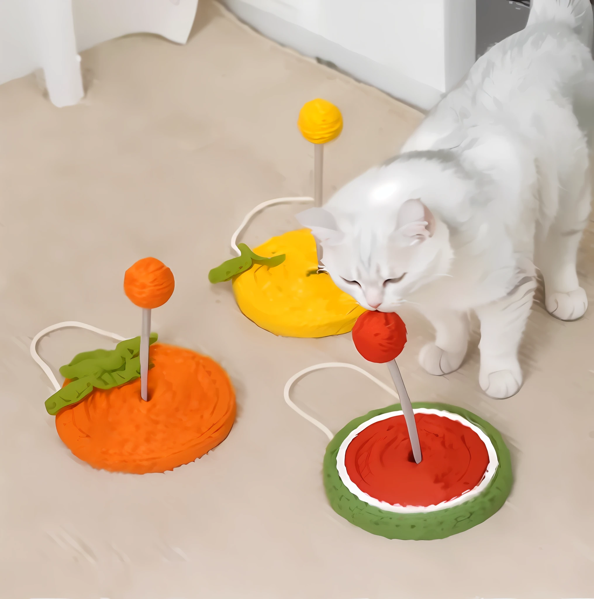 There was a cat playing with toys on the floor, scratching post, playful and cheerful, cats party, tasty, 3 colour, A colorful, let's play, Playful, 3 colors, Eye-catching, Unique features, Colorful crochet cat, Cute features, easy to use, catnet, with highly detailed