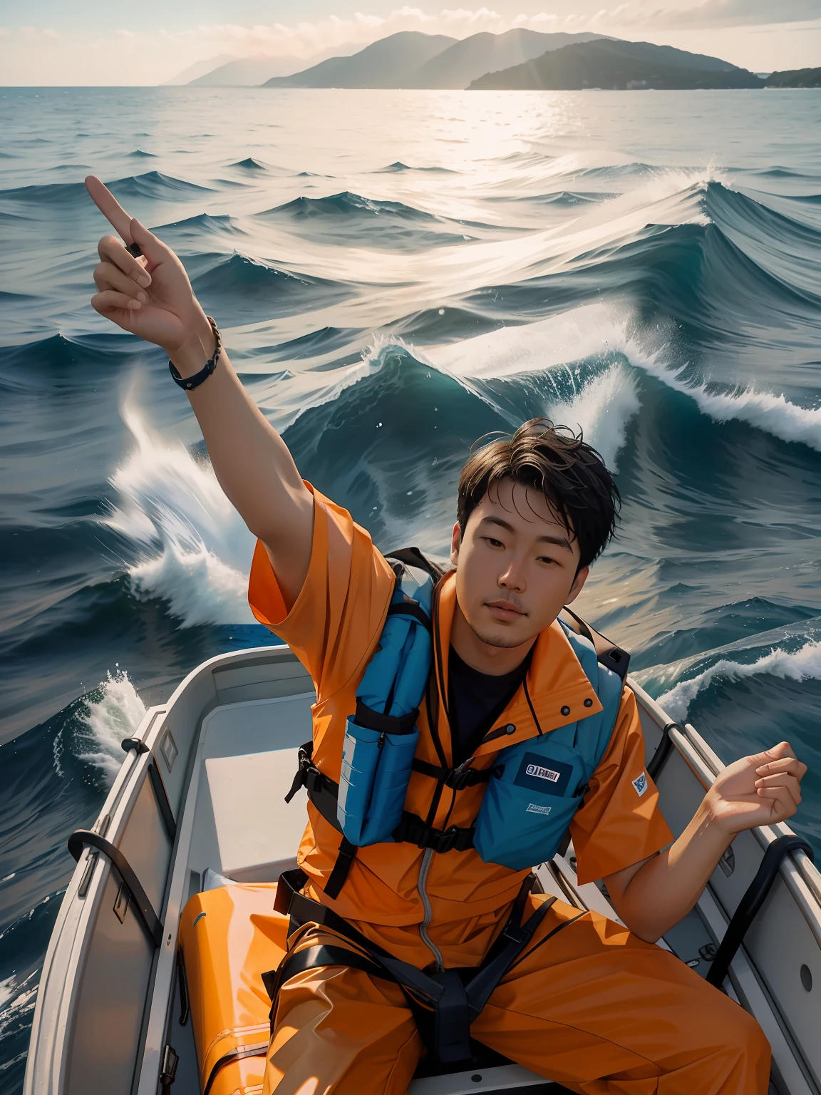 Alafeld man in life jacket in boat in the water, 8k selfie photograph, on the ocean water, In a sea, In the middle of the ocean!!!!!, Chiba Yuda, In the sea, the ocean in the background, On the sea, selfie shot straight on angle, On a boat, with short hair