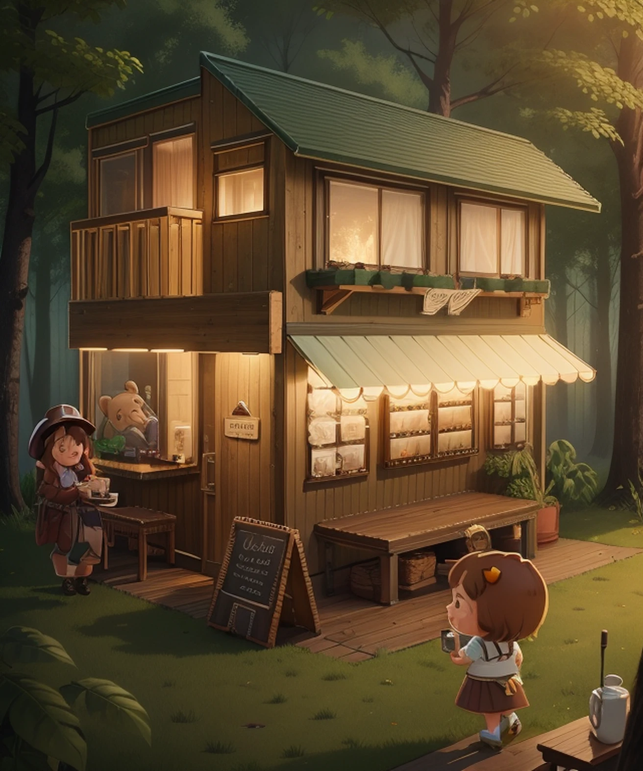 Coffee shop in the forest,Gentle bear boss,Lively and cheerful little girl,Warm atmosphere,cartoony --auto