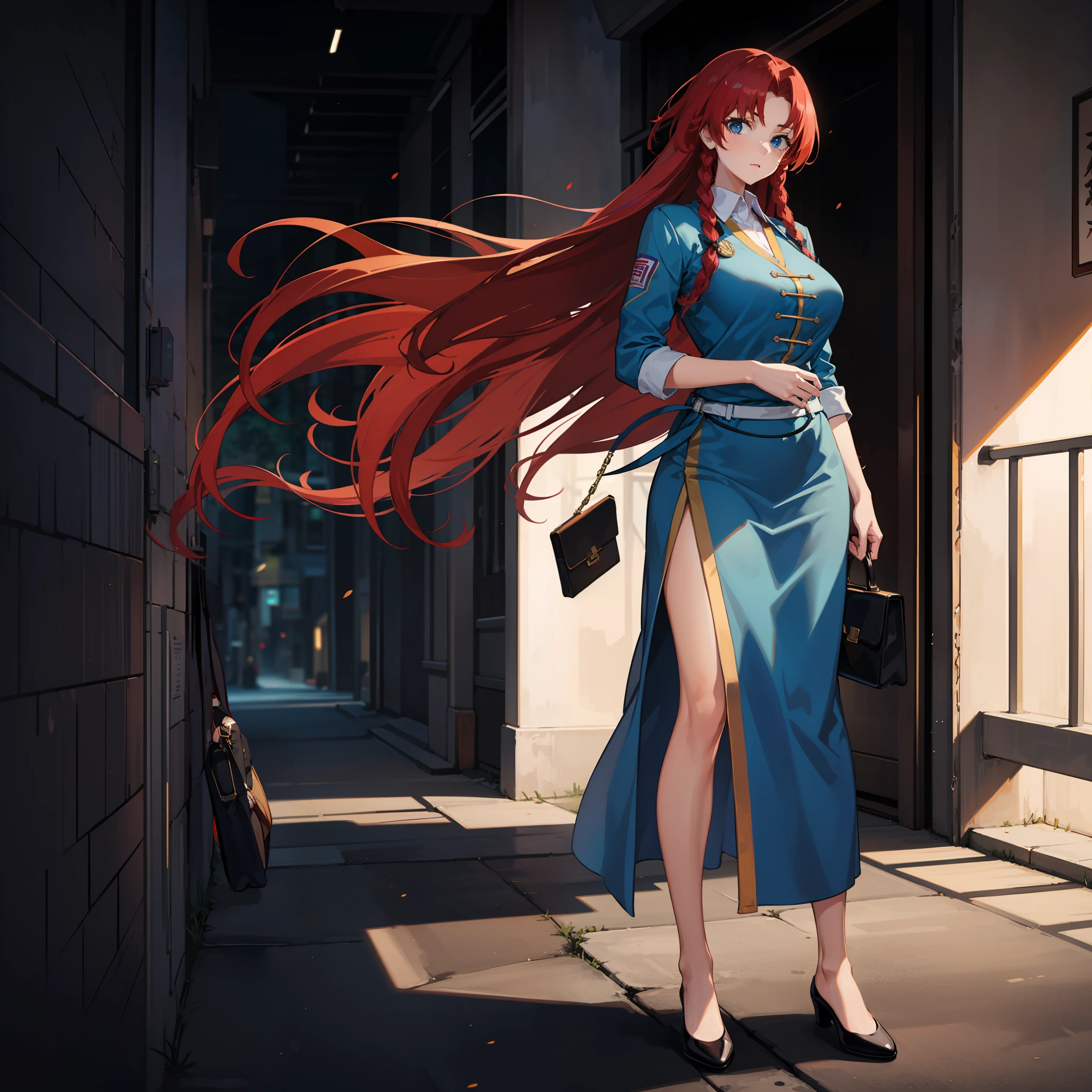 Portrait of a long-haired young woman holding a briefcase, 1 girl, Solo, Hong Meiling, Judo uniform, Dojo background, Alternate costume, Red hair, Full body, Looking at viewer, Long hair, Big breasts