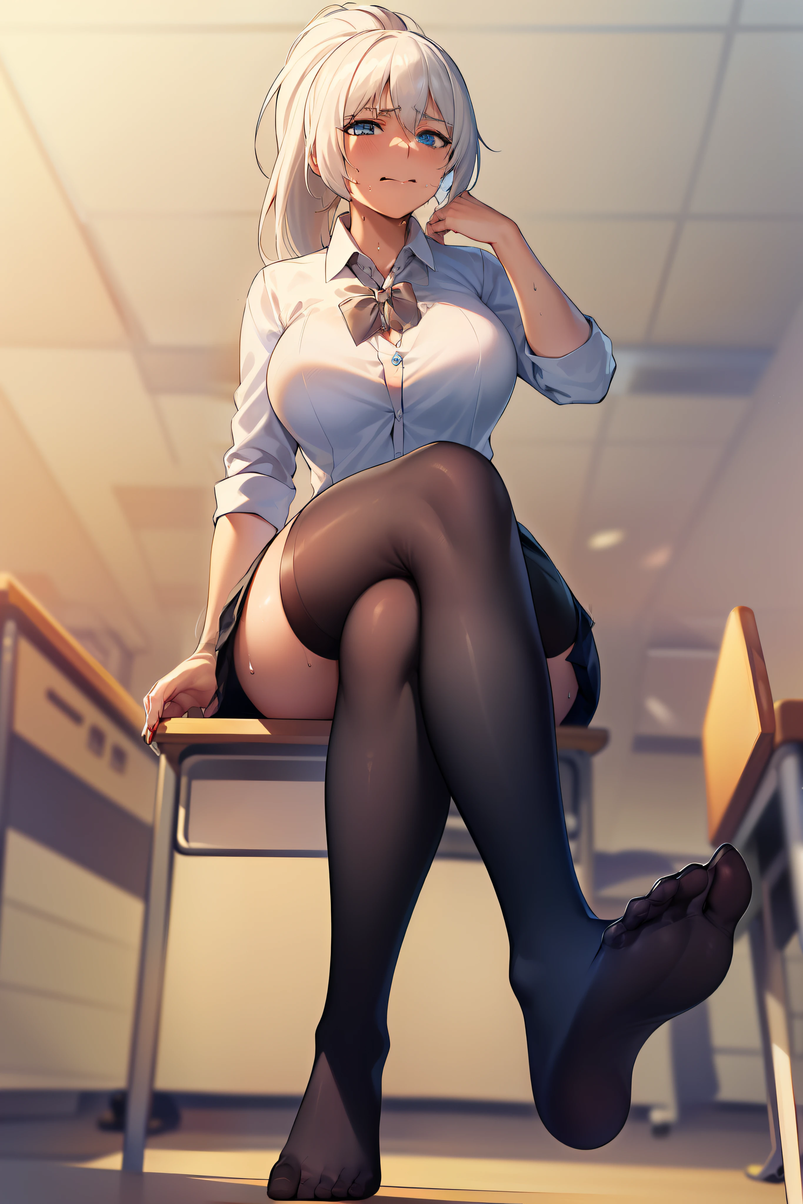 2d, masterpiece, best quality, anime, highly detailed, 1girl, solo, (white hair, blue eyes, white shirt, black skirt, black bowtie:2), (very long hair:1.4), (ponytail:2), school uniform, straight-on, smile, (full body:1.5), (from below:1.5), thick thighs, looking down at viewer, upskirt, (large breasts:1.3), field, (looming:1.3), (mature female:1.6), high quality, hd quality, masterpiece, photorealistic, (presenting foot, soles, close-up foot:1.3), intense angle, :d, (sitting on desk:1.6), very low angle, female pervert, toragao, (sitting:1.5), (black thighhighs, barefoot,:1.4), full body in frame, (classroom, indoors:1.3), clasroom desk, (hand on desk:2), (one hand at side:1.6), (licking lips, licking own lips:1.1), (sweat:1.2), anime girl sitting on a desk with her legs crossed, hyperrealistic schoolgirl, realistic schoolgirl, a hyperrealistic schoolgirl, seductive anime girl, smooth anime cg art, thighs close up, thighs!!!, beautiful anime girl squatting, commission for high res, large thighs, extremely detailed artgerm, sitting on a desk, on a desk, (crossed legs:1.7), (disappointed, closed mouth:2), (bangs:1.4), (perfect feet:1.4), (cleavage, unbuttoned shirt, bursting breasts:1.4),
