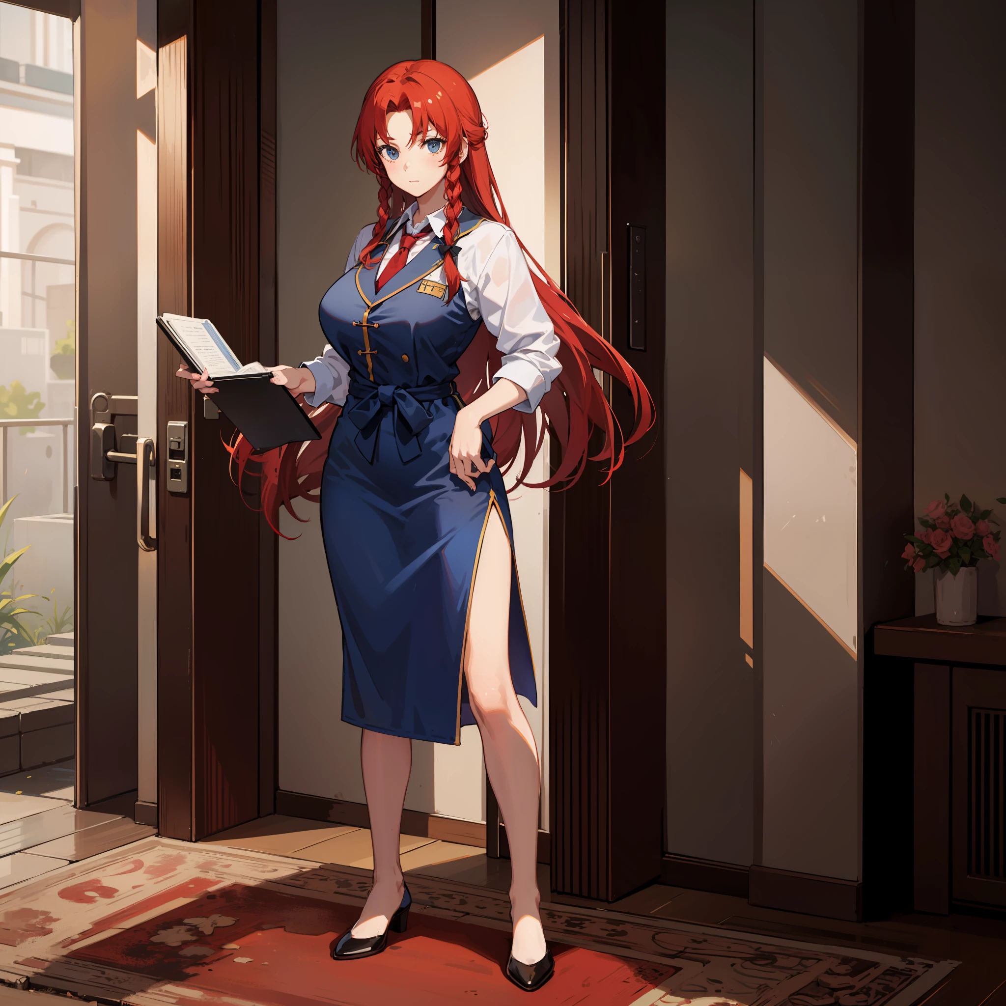 Portrait of a long-haired young woman holding a briefcase, 1 girl, Solo, Hong Meiling, Judo uniform, Dojo background, Alternate costume, Red hair, Full body, Looking at viewer, Long hair, Big breasts