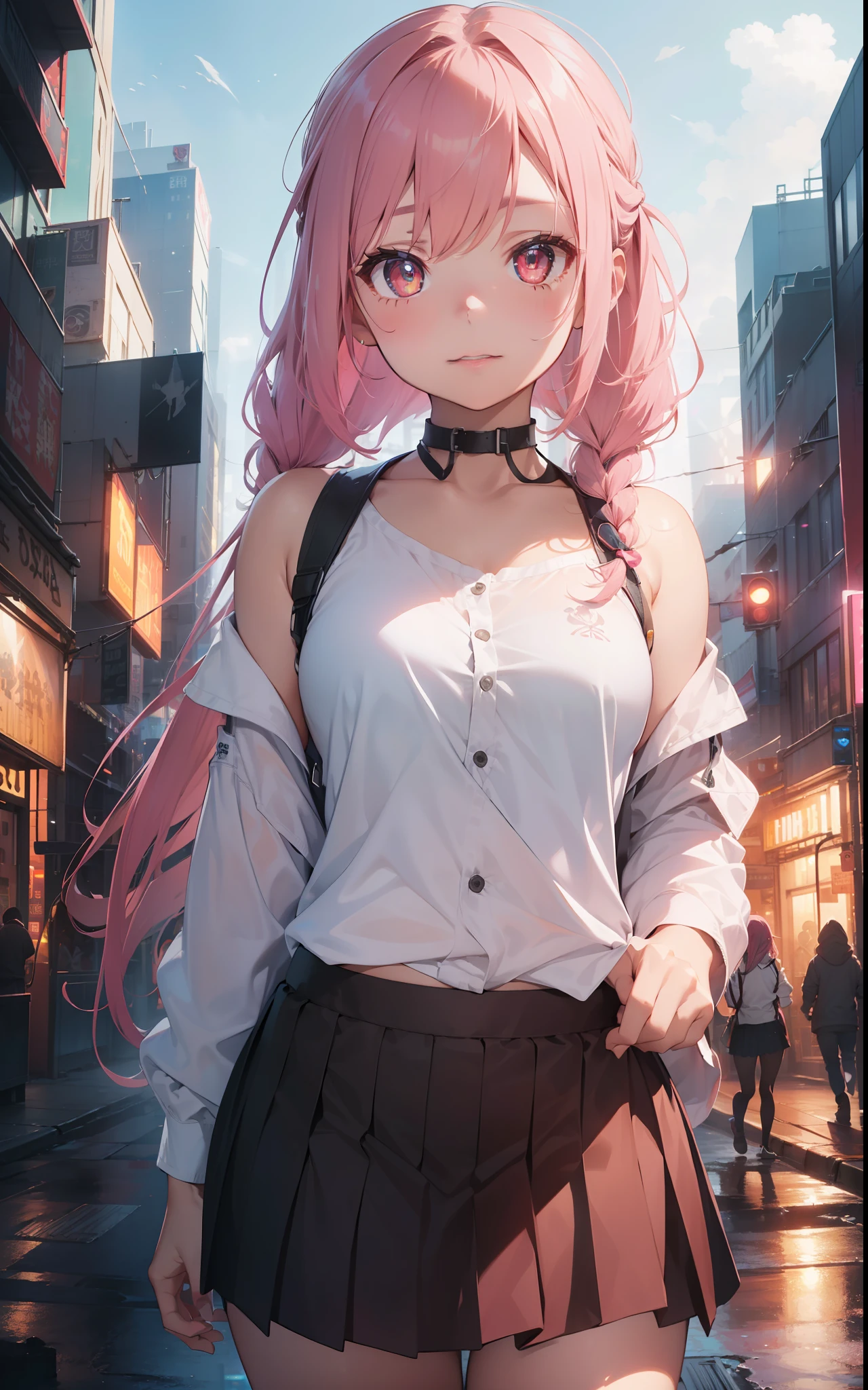 1girl, solo, loli, petite, (very_long_hair), (pink_hair:1.2), braids, (red_eyes), medium_breasts, (white_shirt:1.5), (windbreaker), (off_shoulder:1.2), (portrait), glowing_eyes, background_light, (cityscape:1.5), (pleated skirt)(neon_lights:1.2), (science), cyberpunk, ((masterpiece)), (highres), (best_quality), (highly_detailed), (original), (Delicate background), (very detailed 8K wallpaper), cinematic lighting, volumetric lighting, light particles, shadow faces, beautiful detail eyes, depth of field, perspective, (shroud: 1.5), delicate clothes, heterochromatic pupils, tiger teeth
