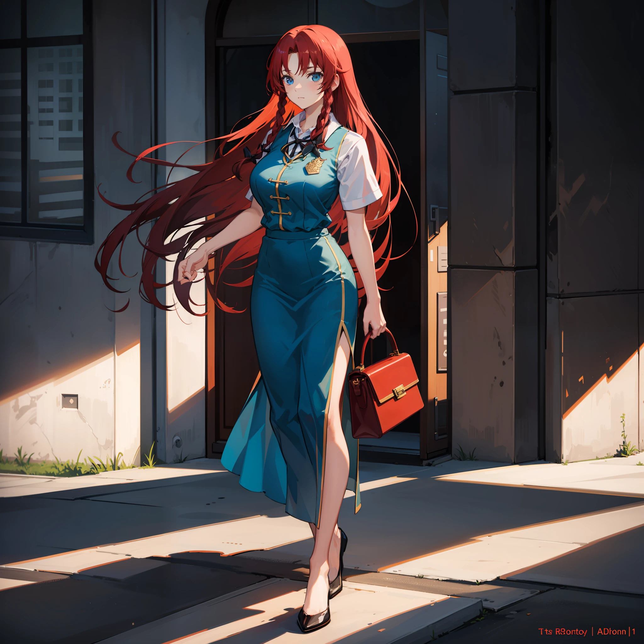 Portrait of a long-haired young woman holding a briefcase, 1 girl, Solo, Hong Meiling, Judo uniform, Dojo background, Alternate costume, Red hair, Full body, Looking at viewer, Long hair, Big breasts