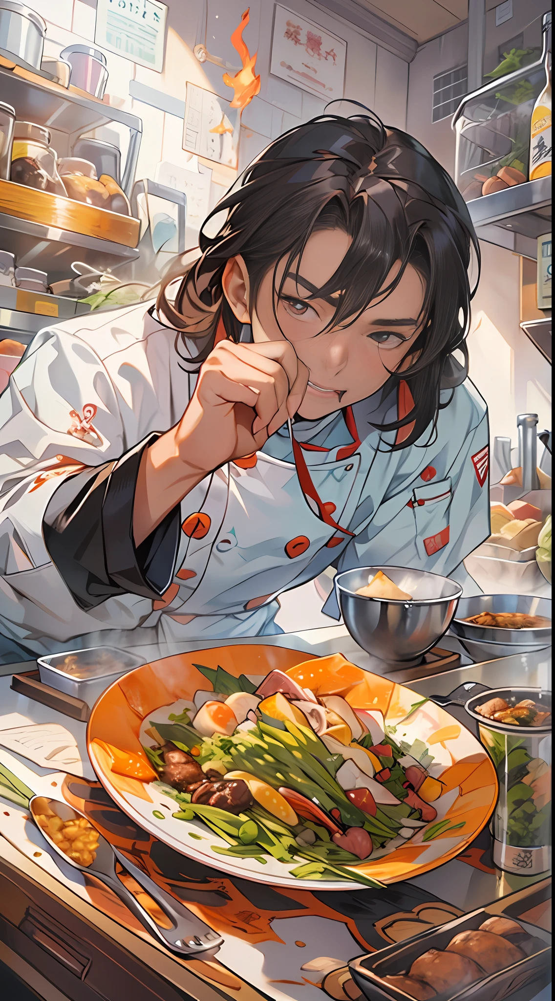 A photo of a young man in a chef's uniform，There is a flame on the plate, in the style of the stars art group xing xing, Charming character illustrations, shilin huang, manticore, grocery art, michael malm, Light blue and dark amber