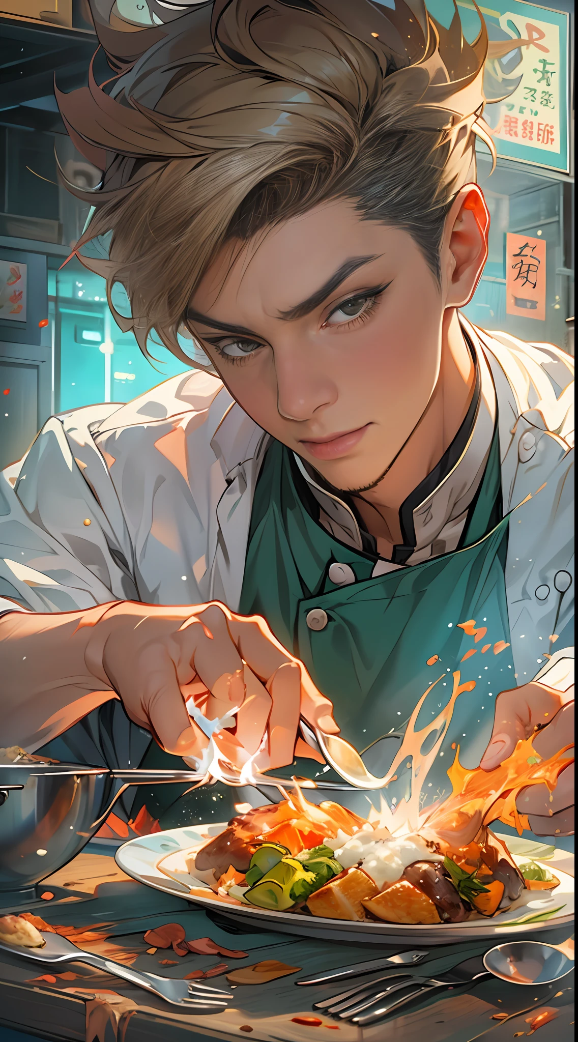 A photo of a young man in a chef's uniform，There is a flame on the plate, in the style of the stars art group xing xing, Charming character illustrations, shilin huang, manticore, grocery art, michael malm, Light blue and dark amber