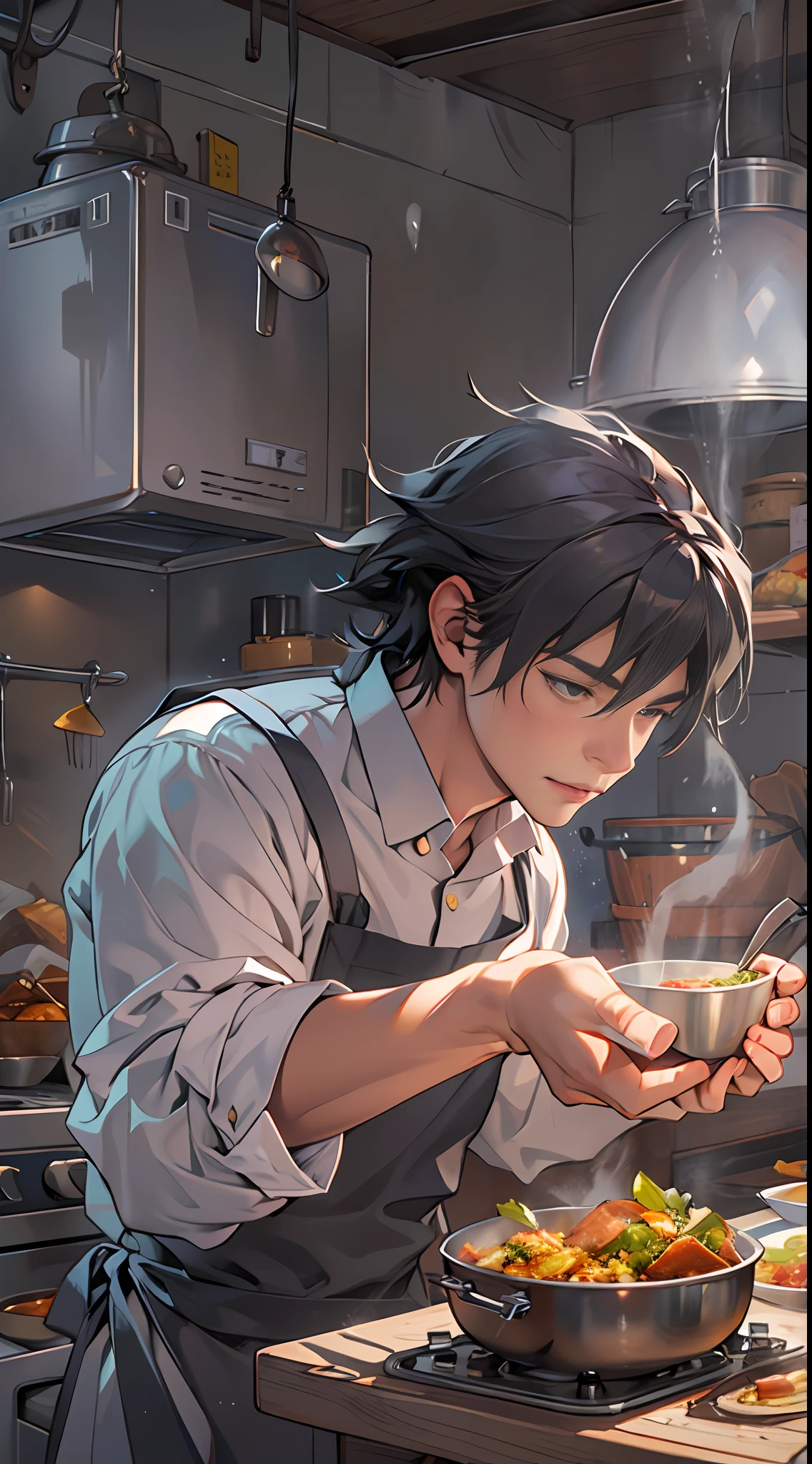 an animation showing a cook holding a pot of food, in the style of the stars art group xing xing, realistic yet romantic, youthful protagonists, realistic hyper-detail, chinapunk, manticore, comiccore