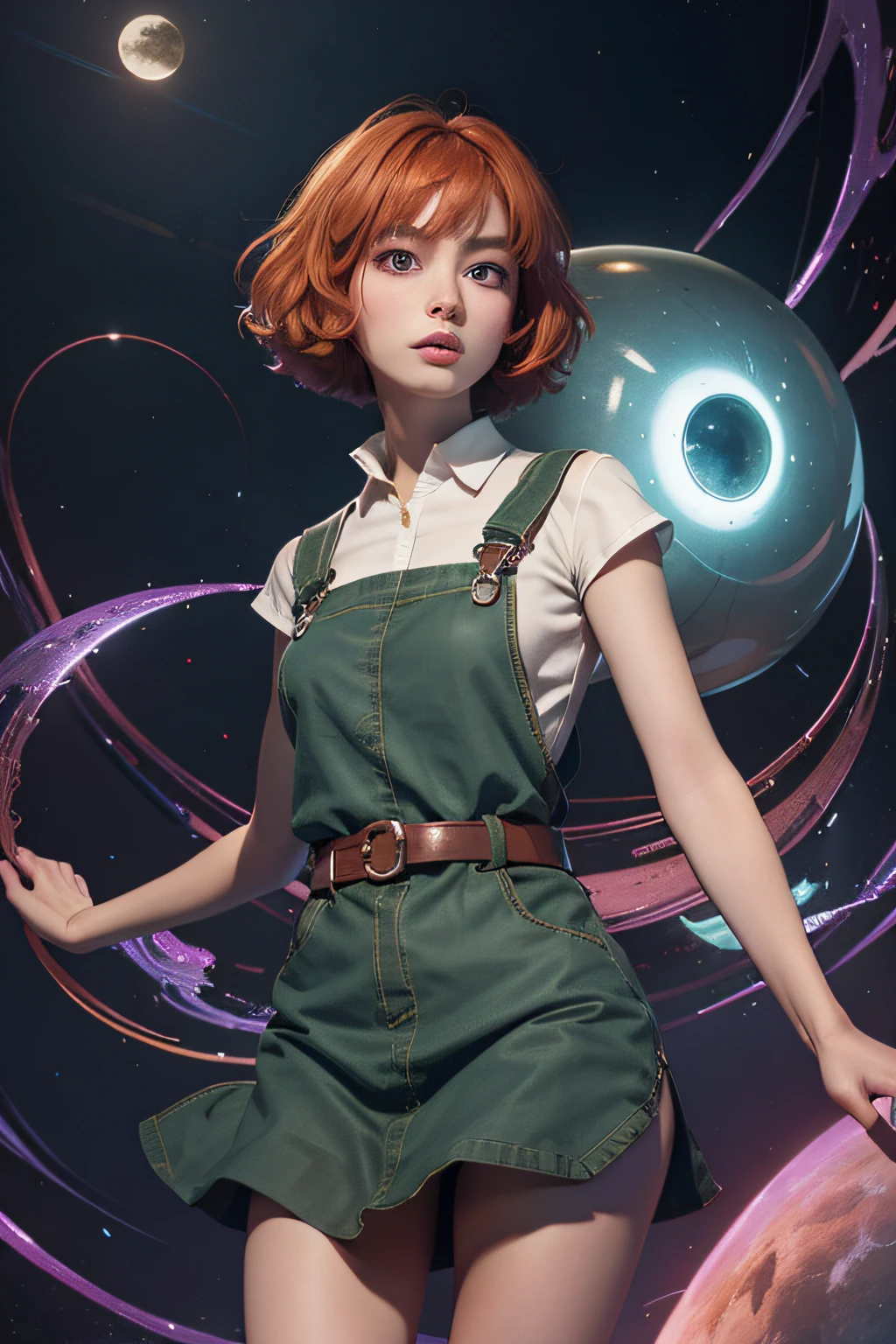 concept art, overhead angle of a Will-o'-the-wisp, wearing Funny Somali Emerald deep orange Pinafore, Caramel hair styled as Short hair, fluorescent purple Hair tie, equirectangular 360, Highres,  [(art by Willi Baumeister:1.1), (art by John T. Biggers:1.2)::17], official art, unity 8k wallpaper, ultra detailed, aesthetic, masterpiece, best quality, photorealistic