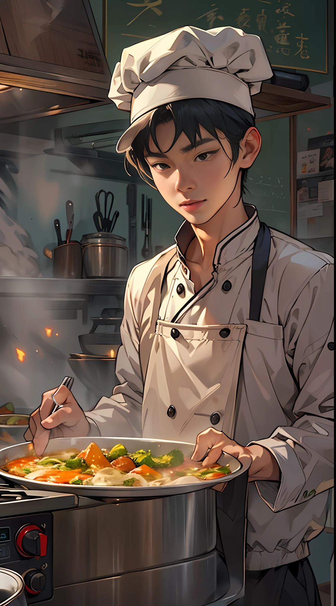 an animation showing a cook holding a pot of food, in the style of the stars art group xing xing, realistic yet romantic, youthful protagonists, realistic hyper-detail, chinapunk, manticore, comiccore