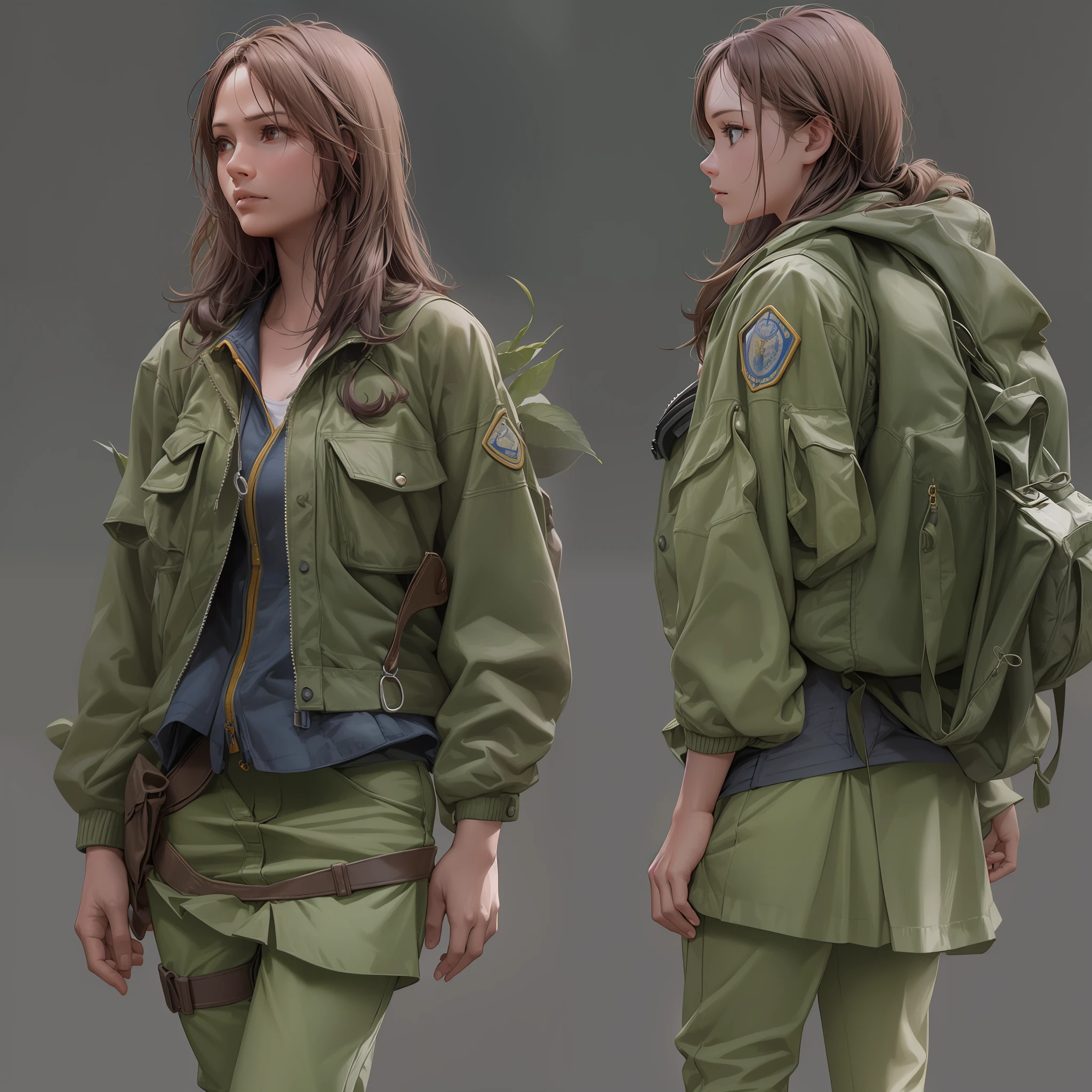 Jungle Adventure, (realistic, photorealistic, raw, real person:1.37), very detailed, high resolution, solo, one girl in survival jacket with lots of pockets, Skinny Pants In Pleated Skirt