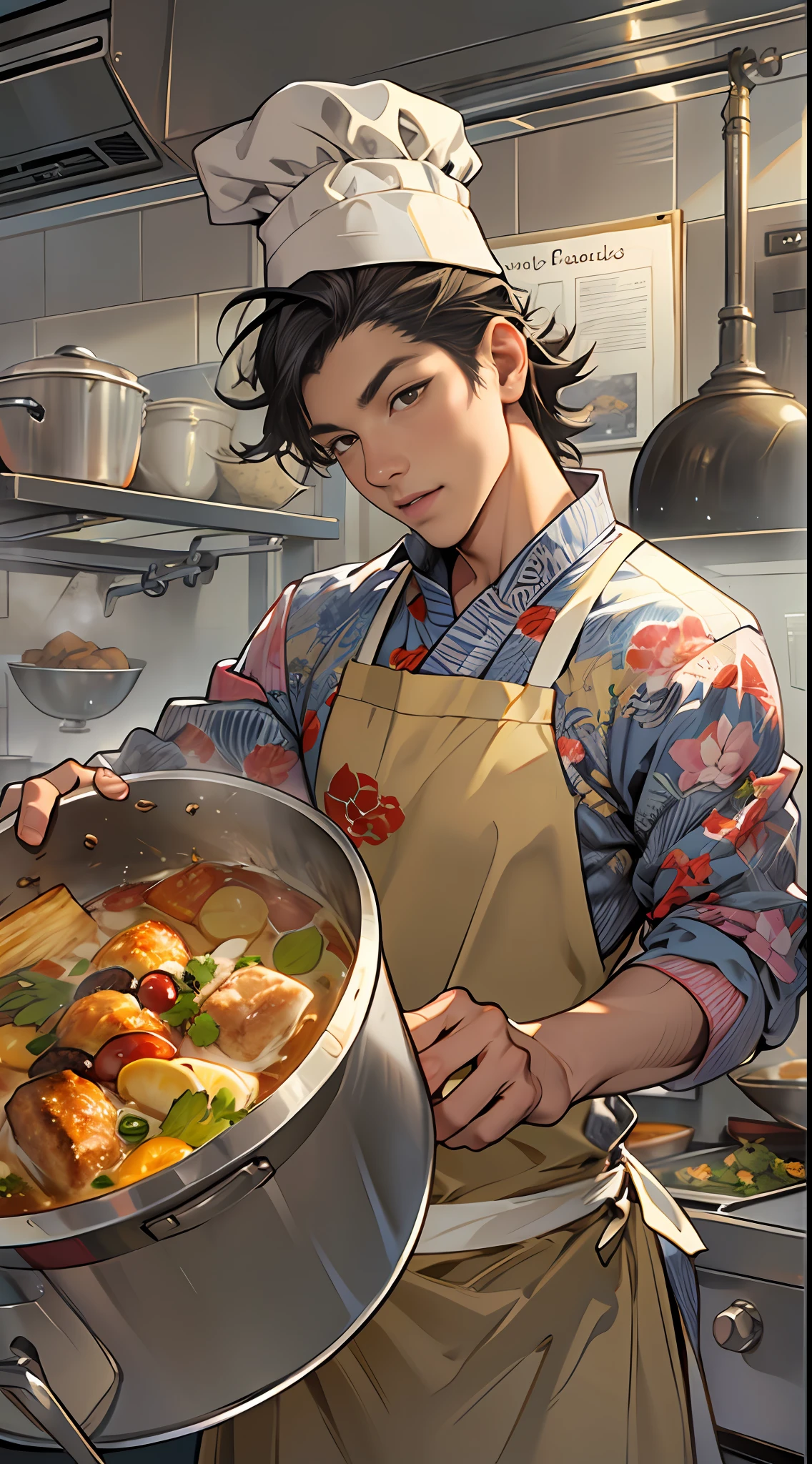 an animation showing a cook holding a pot of food, in the style of the stars art group xing xing, realistic yet romantic, youthful protagonists, realistic hyper-detail, chinapunk, manticore, comiccore