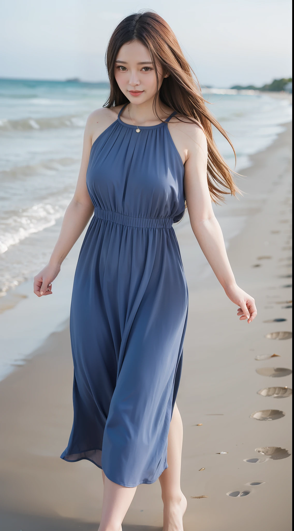 sandbeach，Mature middle-aged beauty with long hair，Elegant and stylish dress，Be conservative