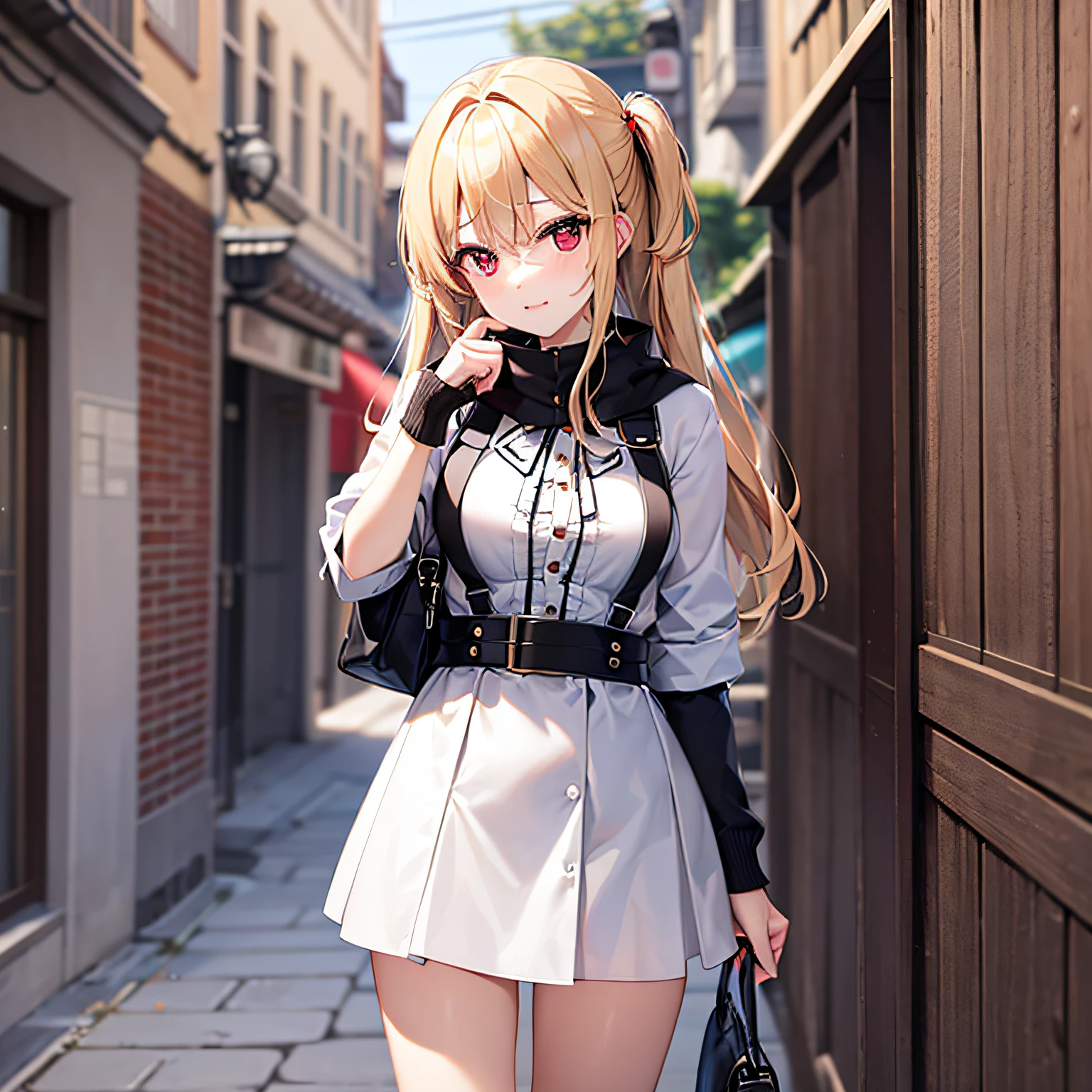 One blonde girl、red eyes、high-necked、A miniskirt