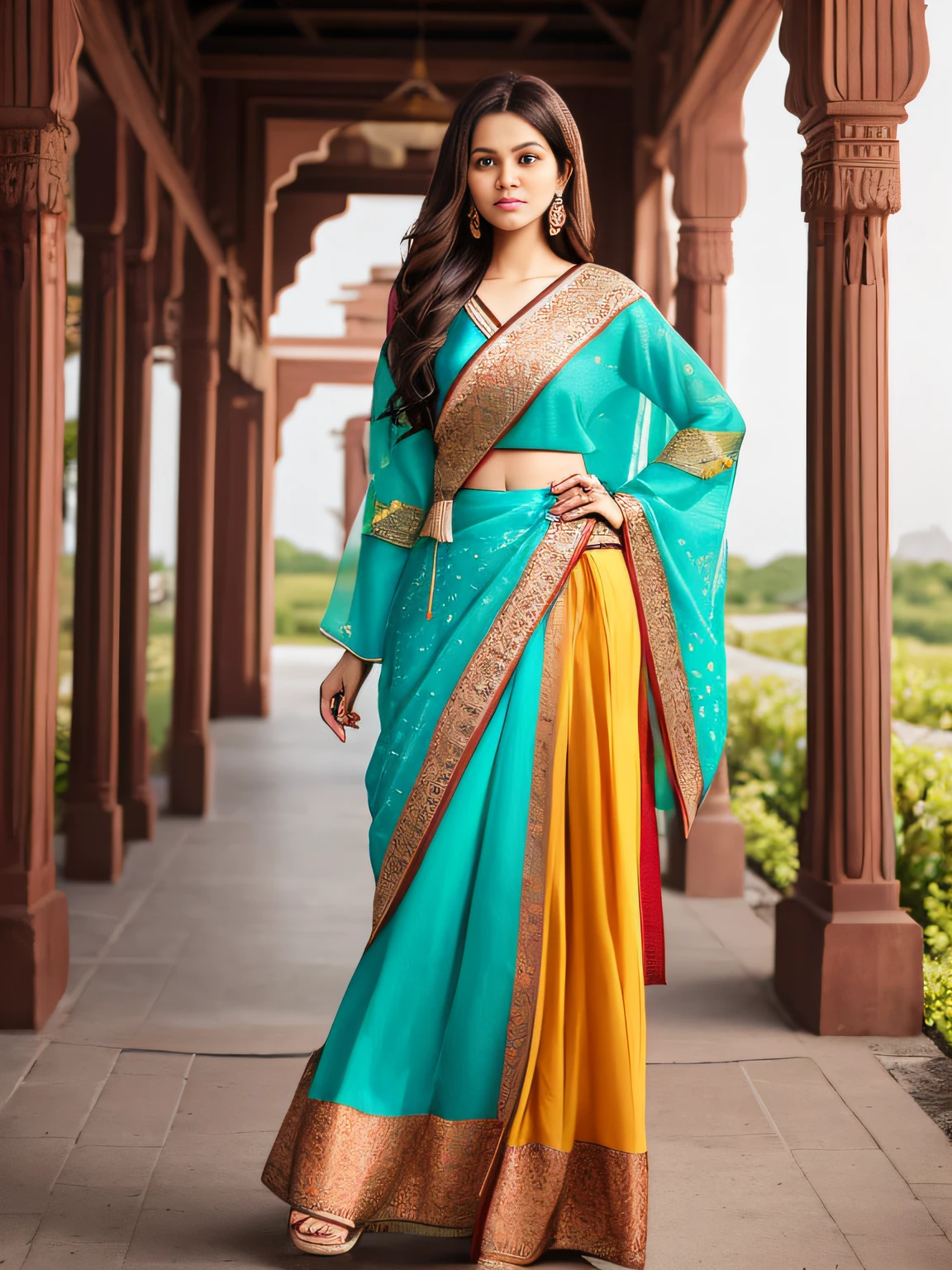 full-length photo Of A Beautiful Woman, Indian - Mexicans - Egyptian - Western - Japanese - French Mixed Full Sleeve Clothing, Vibrant, Depth of field, In Beautiful Dress, (( Natural Light)), (( Sunny Day )),(( Beautiful Clear Brown Eyes )), long Brown Hair, (( Unique Hair Ornament )), In Centre, (( Photorealistic )), DSLR, Highly Detailed, 4k, Extreme Details, Realistic, (( Wide Shot )), full-length photo, full-body shot, Unique Design Patterns, Indian Design Pattern, Floral Pattern Indian Style, (( colorful )), ((( Fashion Poses ))), Fashion Designs