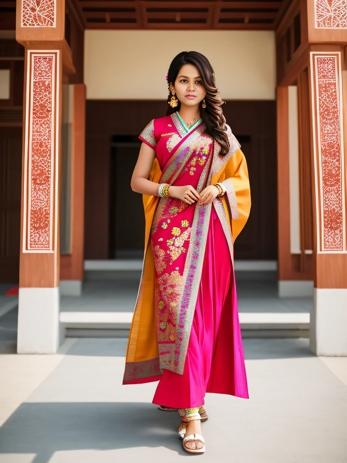 full-length photo Of A Beautiful Woman, Indian - Japanese Mixed Clothing, Vibrant, Depth of field, In Beautiful Dress, (( Natural Light)), (( Sunny Day )),(( Beautiful Clear Brown Eyes )), long Brown Hair, (( Unique Hair Ornament )), In Centre, (( Photorealistic )), DSLR, Highly Detailed, 4k, Extreme Details, Realistic, (( Wide Shot )), full-length photo, full-body shot, Unique Design Patterns, Indian Design Pattern, Floral Pattern Indian Style, (( colorful ))
