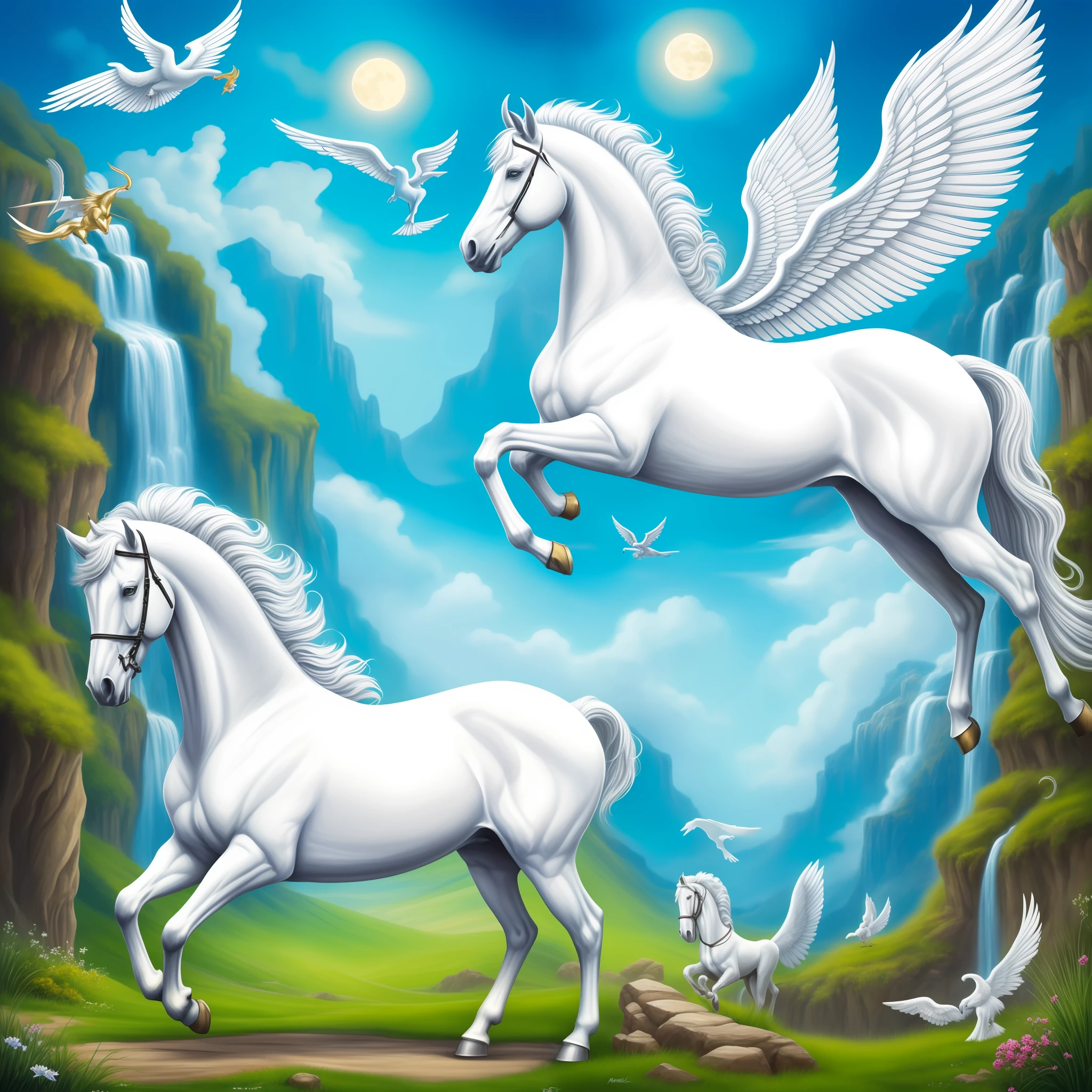 pintura de um (1) White horse with standing wings (Pegasus) flying over the scenery with a knight mounted on it, mytical creature, com cascos e asas, mystical creature, voando, mythological beast, mythic, com belas asas, 1 cavaleiro, paladino, fantasia!!!, [[fantasia]],
