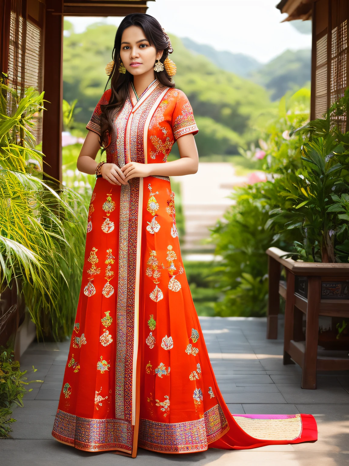 full-length photo Of A Beautiful Woman, Indian - Japanese Mixed Clothing, Vibrant, Depth of field, In Beautiful Dress, (( Natural Light)), (( Sunny Day )),(( Beautiful Clear Brown Eyes )), long Brown Hair, (( Unique Hair Ornament )), In Centre, (( Photorealistic )), DSLR, Highly Detailed, 4k, Extreme Details, Realistic, (( Wide Shot )), full-length photo, full-body shot, Unique Design Patterns, Indian Design Pattern, Floral Pattern Indian Style, (( colorful ))