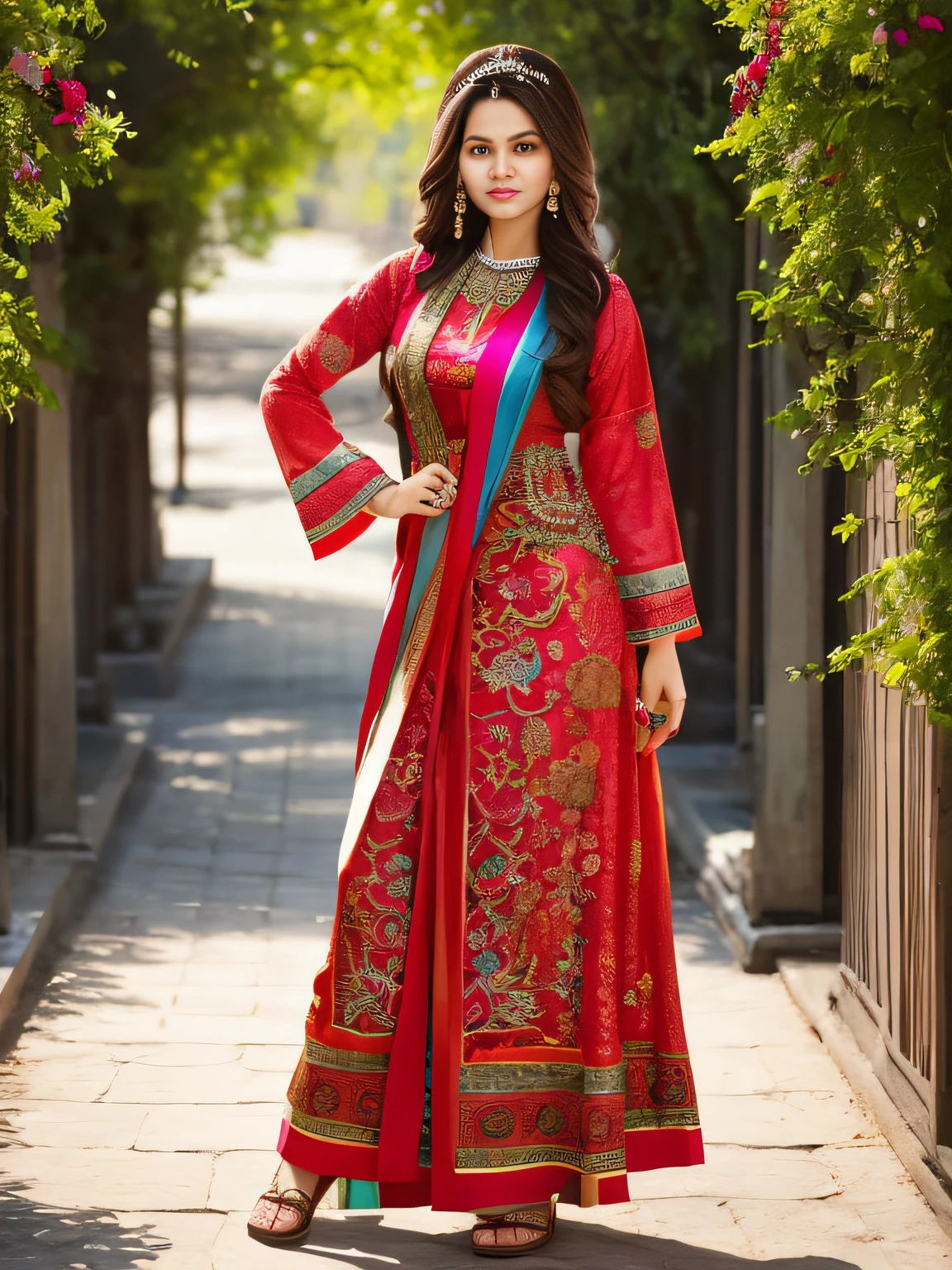 full-length photo Of A Beautiful Woman, Indian - Mexicans - Egyptian - Western - Japanese - French Mixed Full Sleeve Clothing, Vibrant, Depth of field, In Beautiful Dress, (( Natural Light)), (( Sunny Day )),(( Beautiful Clear Brown Eyes )), long Brown Hair, (( Unique Hair Ornament )), In Centre, (( Photorealistic )), DSLR, Highly Detailed, 4k, Extreme Details, Realistic, (( Wide Shot )), full-length photo, full-body shot, Unique Design Patterns, Indian Design Pattern, Floral Pattern Indian Style, (( colorful )), ((( Fashion Poses ))), Fashion Designs