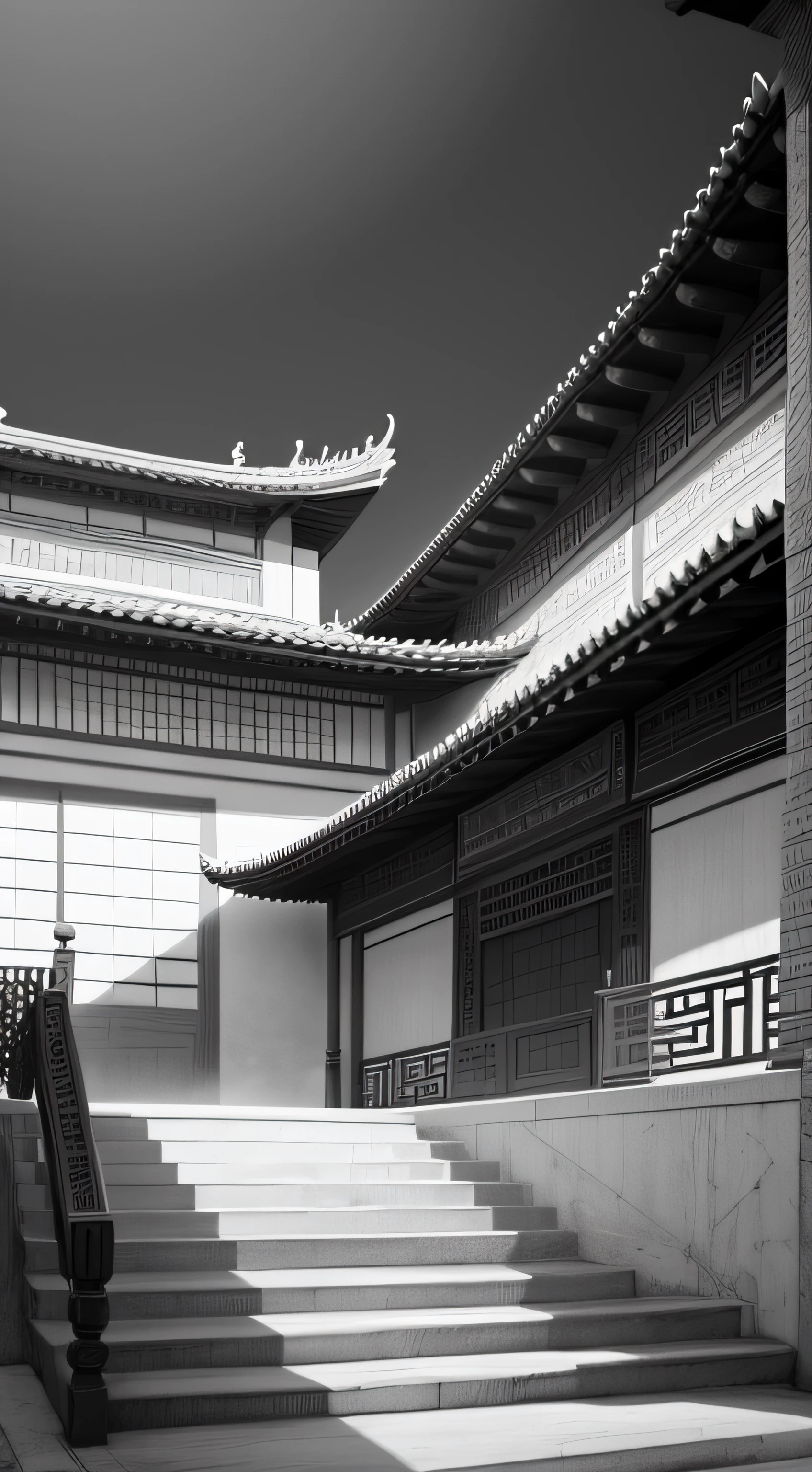 Sketch of Chinese style architecture,pencil drawing,Black and white,lineworks,Chinese architecture --auto