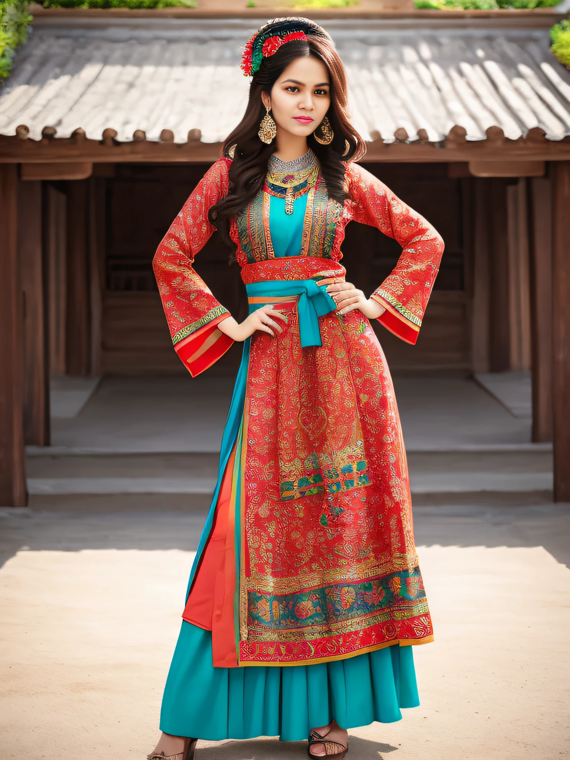 full-length photo Of A Beautiful Woman, Indian - Mexicans - Egyptian - Western - Japanese - French Mixed Full Sleeve Clothing, Vibrant, Depth of field, In Beautiful Dress, (( Natural Light)), (( Sunny Day )),(( Beautiful Clear Brown Eyes )), long Brown Hair, (( Unique Hair Ornament )), In Centre, (( Photorealistic )), DSLR, Highly Detailed, 4k, Extreme Details, Realistic, (( Wide Shot )), full-length photo, full-body shot, Unique Design Patterns, Indian Design Pattern, Floral Pattern Indian Style, (( colorful )), ((( Fashion Poses ))), Fashion Designs