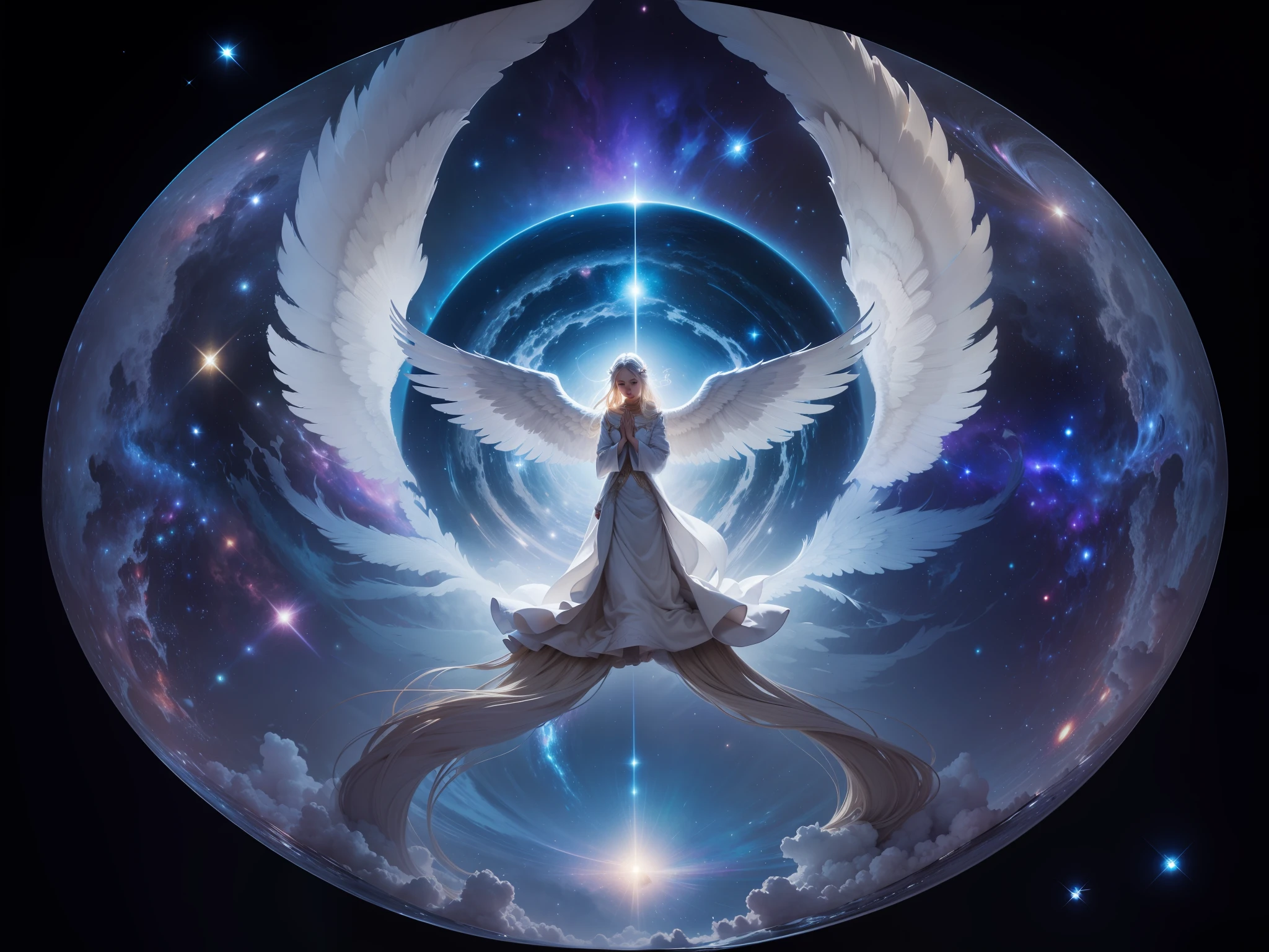 Fisheye lens, cosmic background, countless twinkling galaxies and stars, intricate, ultra-realistic full-body shot of angel praying for viewer at center of circle, microcosm revolving around angel, looking toward viewer, offering mercy, comfort and love, stunningly beautiful face, majestic twin wings of angel growing out of angel's back, ultra-realistic and ultra-detailed real wings, beautiful pure white robe and translucent darkness, long blonde hair, hair and stars blending together, fantastic and divine (1:1), ultra detailed, ultra realistic, countless tiny lights shimmering and blending into the darkness, ultra complex, new never before seen splash art in space, captivating the viewer and showing the way forward for the viewer, many more to come. It is a masterpiece that will win many awards in the future.