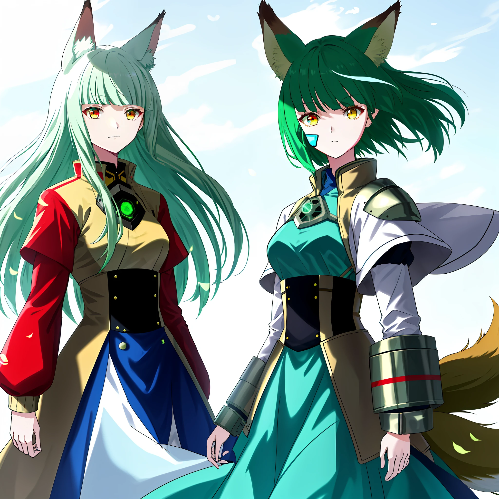 Green hair,Qi bangs,Brown fox ears,red color eyes,Solid blue dress,Long skirt on the inside,Yellow top short-sleeved jacket,Wide white cuffs,Long sleeves on the inside,Cyberwind,Machine armour wind,Future wind,Tech style,nuclear reactor,Weapons of the future,future-tech,The color hair