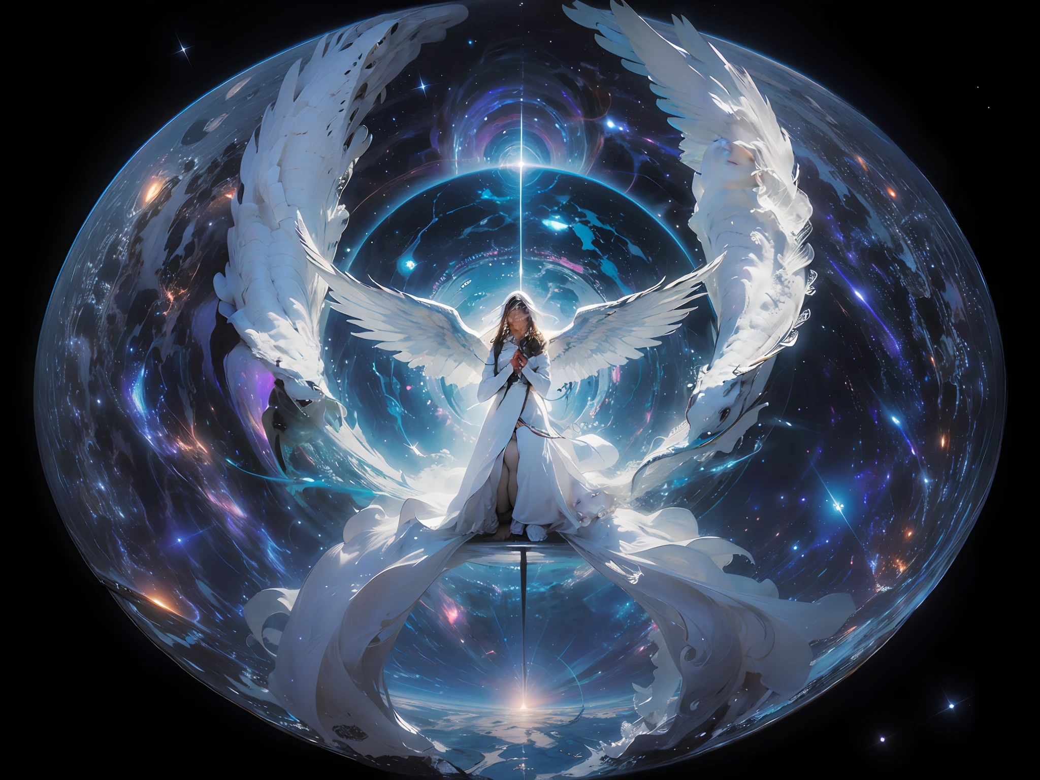 fish-eye lens, cosmic background, Countless twinkling galaxies and stars, Convoluted, Ultra-realistic full-length shot of an angel praying for viewers in the center of a circle, The microcosm revolves around angels, face to the viewer, Offer mercy, Comfort and love, stunningly beautiful face, The majestic twin wings of an angel growing from the back of an angel, Ultra-realistic and ultra-detailed real wings, Beautiful snow-white robes and translucent darkness, Long Blonde Hair, Hair and stars mix, Fantastic and sacred (1:1), ultra-detailliert, A hyper-realistic, Countless small lights twinkle、Blend into the darkness, ultra intricate, New splash art never seen before in space, Captivate your audience、Give your audience a direction to go forward, What's next?. It is a masterpiece that will continue to win many awards in the future...