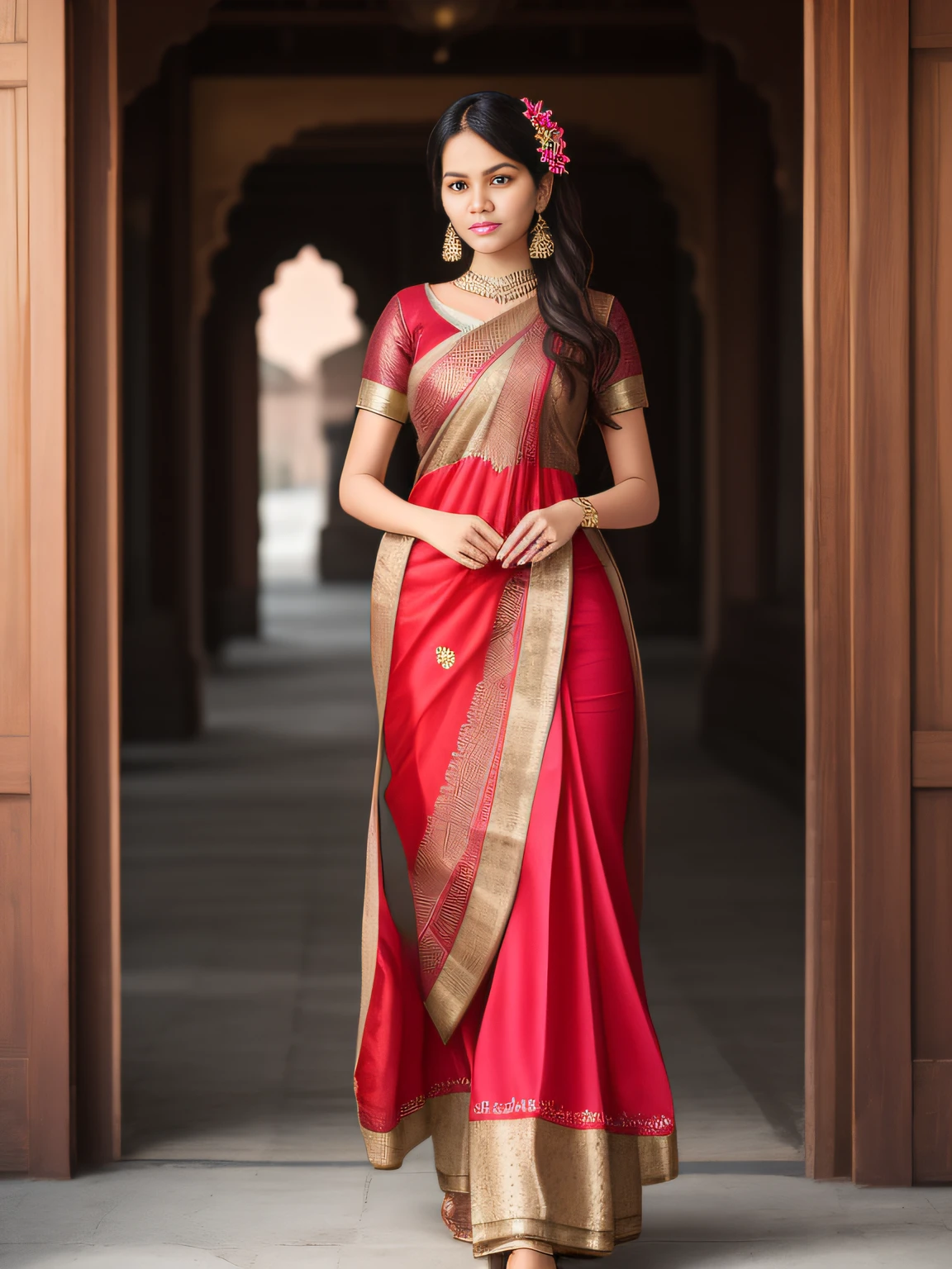 full-length photo Of A Beautiful Woman, Indian - Western - Thai Mixed Dress, Vibrant, Depth of field, In Beautiful Dress, (( Natural Light)), (( Sunny Day )),(( Beautiful Clear Brown Eyes )), long Brown Hair, (( Unique Hair Ornament )), In Centre, (( Photorealistic )), DSLR, Highly Detailed, 4k, Extreme Details, Realistic, (( Wide Shot )), full-length photo, full-body shot, Unique Design Patterns, Indian Design Pattern, Floral Pattern Indian Style,