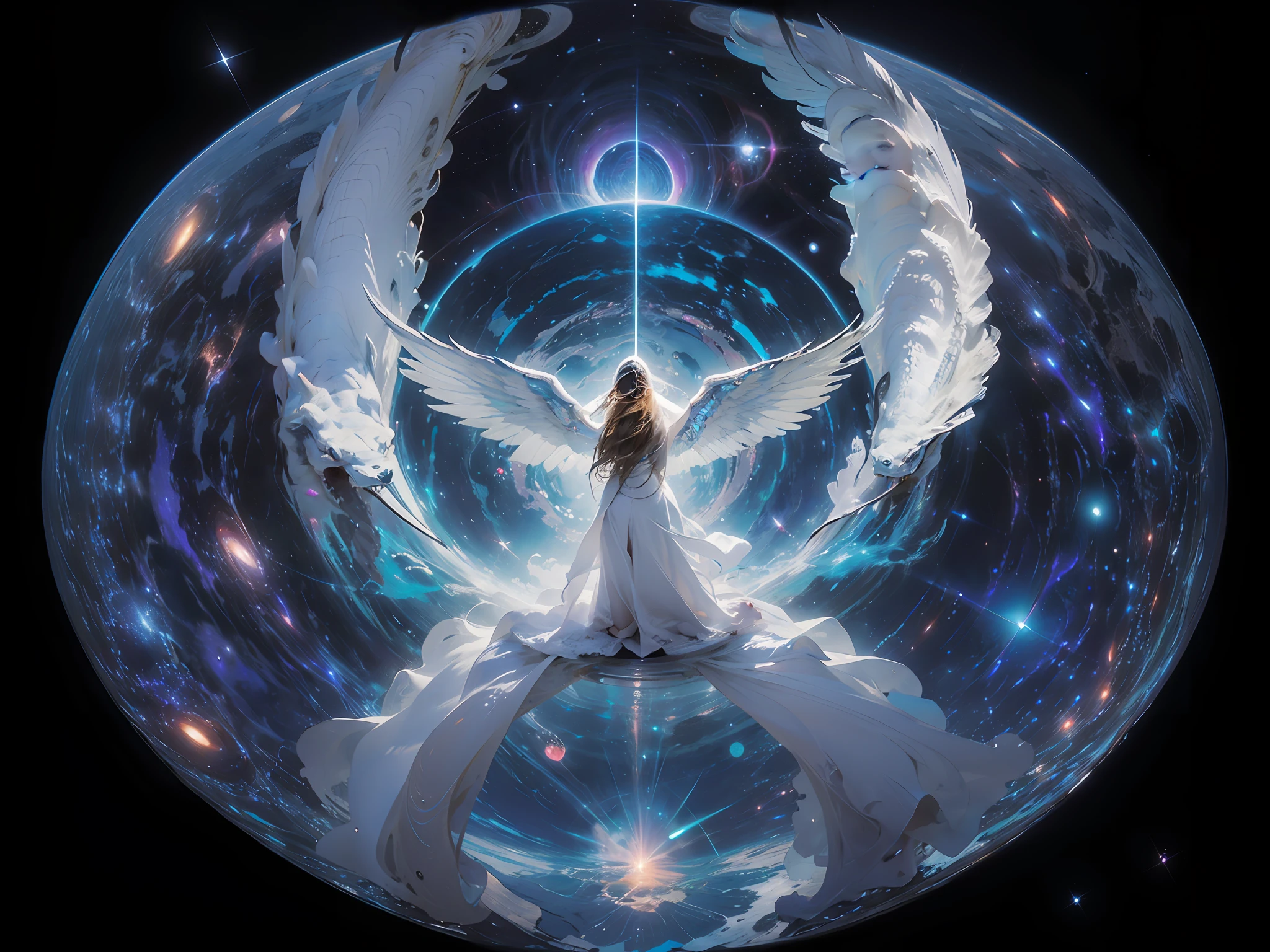 fish-eye lens, cosmic background, Countless twinkling galaxies and stars, Convoluted, Ultra-realistic full-length shot of an angel praying for viewers in the center of a circle, Microcosm revolves around an angel, face to the viewer, Offer mercy, Comfort and love, stunningly beautiful face, Angel's majestic twin wings growing from the back of an angel, Ultra-realistic and ultra-detailed real wings, Beautiful snow-white robes and translucent darkness, Long Blonde Hair, Hair and stars mix, Fantastic and sacred (1:1), ultra-detailliert, A hyper-realistic, Countless small lights twinkle、Blend into the darkness, ultra intricate, New splash art never seen before in space, Captivate viewers、Show viewers the way forward, More to come. It is a masterpiece that will continue to win many awards in the future..