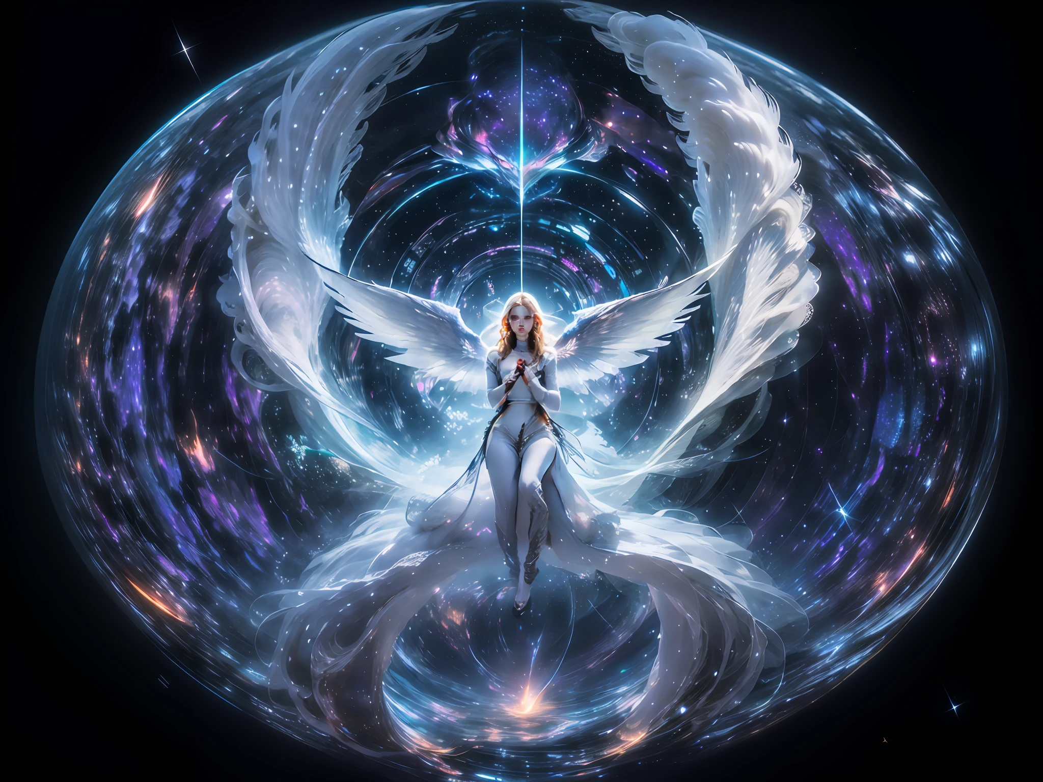 fish-eye lens, cosmic background, Countless twinkling galaxies and stars, Convoluted, Ultra-realistic full-length shot of an angel praying for viewers in the center of a circle, The microcosm revolves around angels, face to the viewer, Offer mercy, Comfort and love, stunningly beautiful face, The majestic twin wings of an angel growing from the back of an angel, Ultra-realistic and ultra-detailed real wings, Beautiful snow-white robes and translucent darkness, Long Blonde Hair, Hair and stars mix, Fantastic and sacred (1:1), ultra-detailliert, A hyper-realistic, Countless small lights twinkle、Blend into the darkness, ultra intricate, New splash art never seen before in space, Captivate your audience、Give your audience a direction to go forward, What's next?. It is a masterpiece that will continue to win many awards in the future...