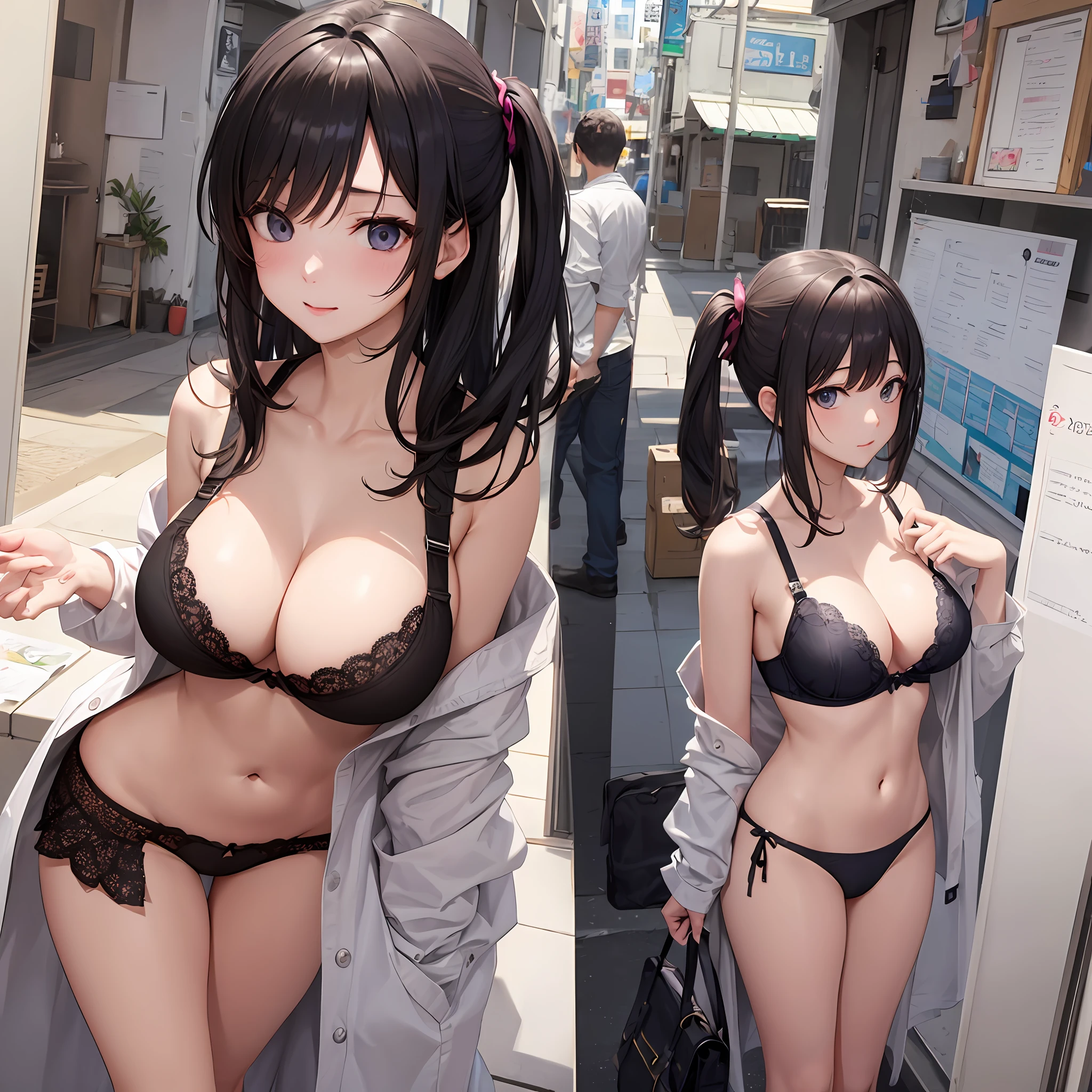 Ecchi、Changing clothes、kawaii、Woman、Colossal tits、Black bra、show through、a navel、animesque、​masterpiece、high-level image quality、poneyTail、A dark-haired、adult  woman、perspiring、embarrassed、embarrassed from、speculum、Reflectors、natta、2guys、Protruding legs、Show off、The skin、teats、Bind、button、The sheen、Natural eyes、The strongest --auto