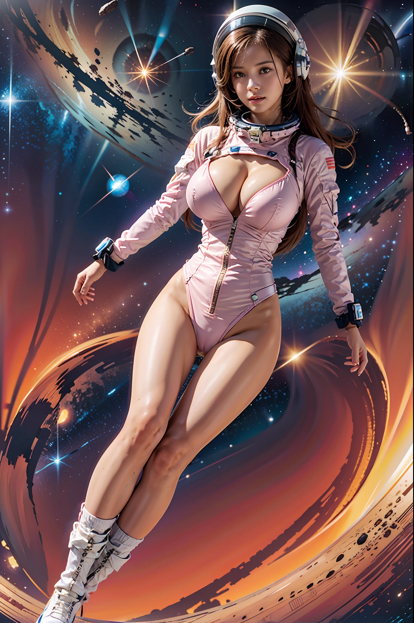 a  cute girl wears sexy pink astrosuit with helmet,(floating in a space background:1.2):1.5,masterpiece, best quality, (cinematic lighting), good hand,finely detailed suit, sharp focus,slim body, cameltoe, big breasts,sharp face