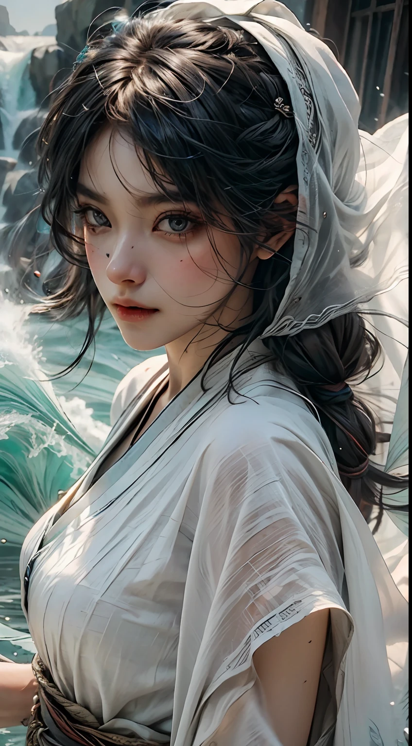 （RAW photos，best qualtiy），（realisticlying：1.3），best qualtiy，highly  detailed，tmasterpiece，Hyper-detailing，illustratio，1girll，The upper part of the body_Body，dynamic angle，The world is proficient in theater，Messy_Long_Hair，best qualtiy，extremely detailed CG unity 8k wal，ink，breath-taking，cinematric light，lens_flare，Fantastic Big Eyes，（Yushui：1.2），Eau，wave，white  clothes，White veil，Sony main shot