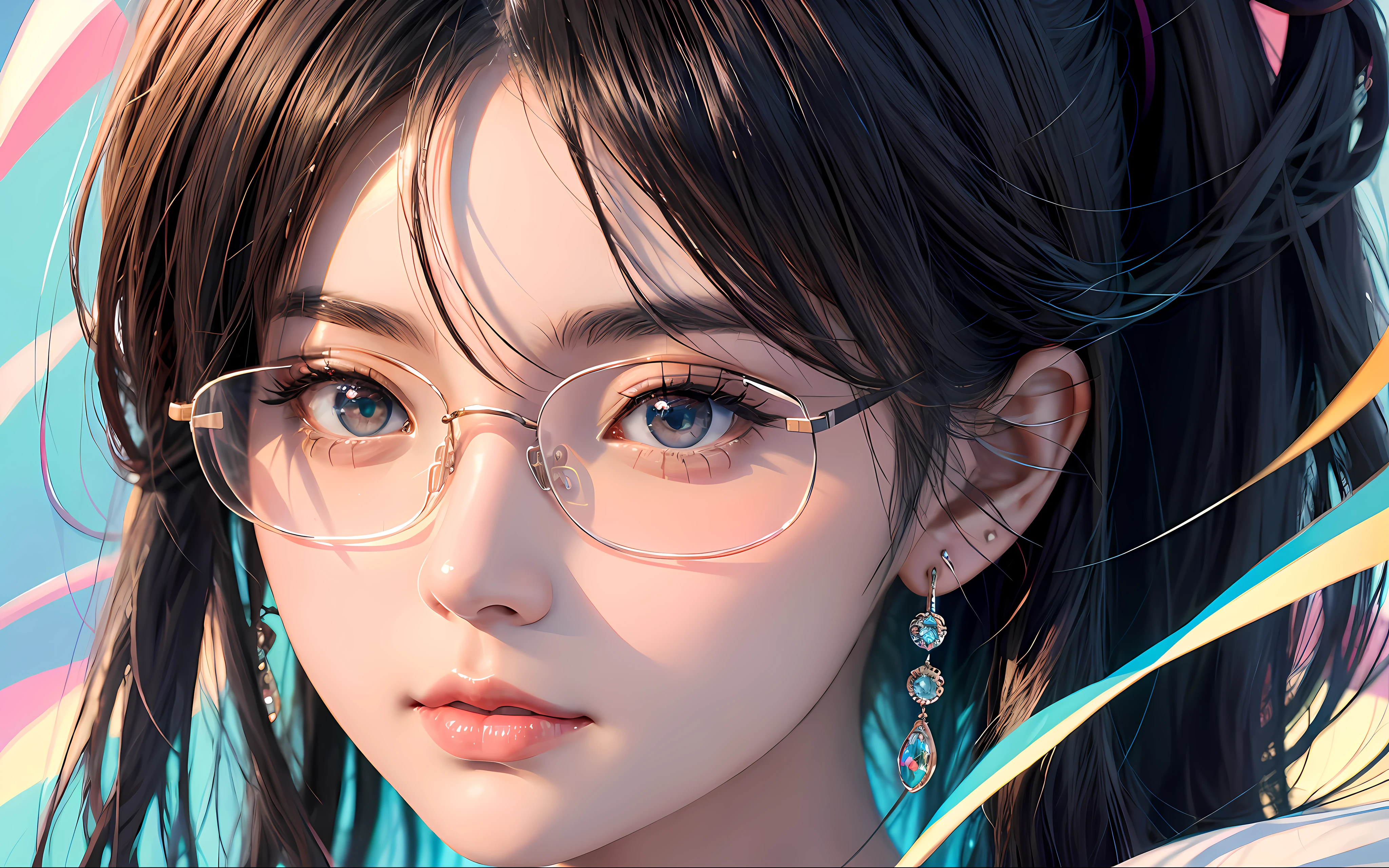 Anime girl with glasses and jewelry on her face, Detailed digital anime art, Guviz-style artwork, Guviz, Stunning anime face portrait, clean and meticulous anime art, With glasses, High quality anime art style, Cool glasses, By Yuumei, Anime moe art style, anime highly detailed, piercing clear eyes, Sparkling eyes, magical glowing eyes