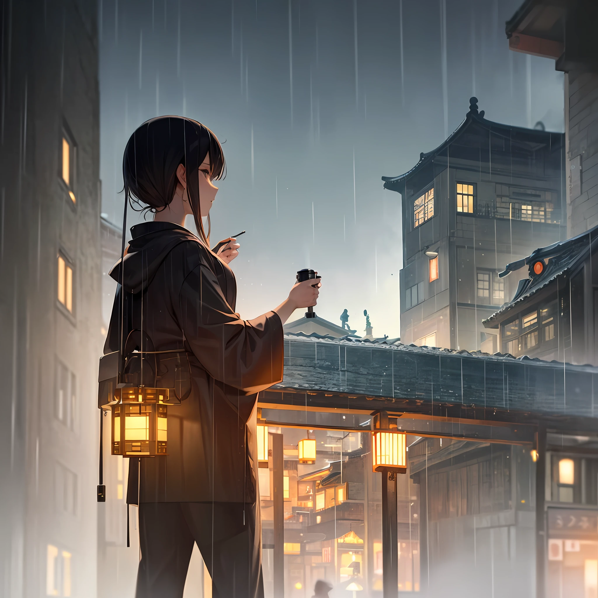 Arafed view of a village,a lot of lights on the buildings,dreamy Chinese towns,Chinese Village,amazing wallpapers,A Japanese town,Japanese village,surreal photo of a small town,old asian village,Japan city,Raymond Han,rainy evening, Cyberpunk ancient Chinese castle, Well-lit building, In the evening in the rain, Beautiful and aesthetic, photography of, cinematic ligh, 8k, high detal ((very heavy rain)))Pyrotechnics --auto