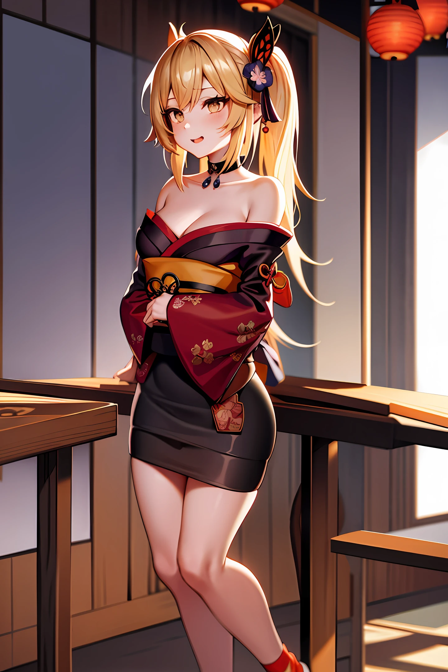 tmasterpiece,top Quority,18yo Girl,cute face,cabellos largos dorados,sit on chair,long leges,Legs on the table,Black leather shoes,full bodyesbian,Plump big breasts,cropped shoulders,Anime comic style