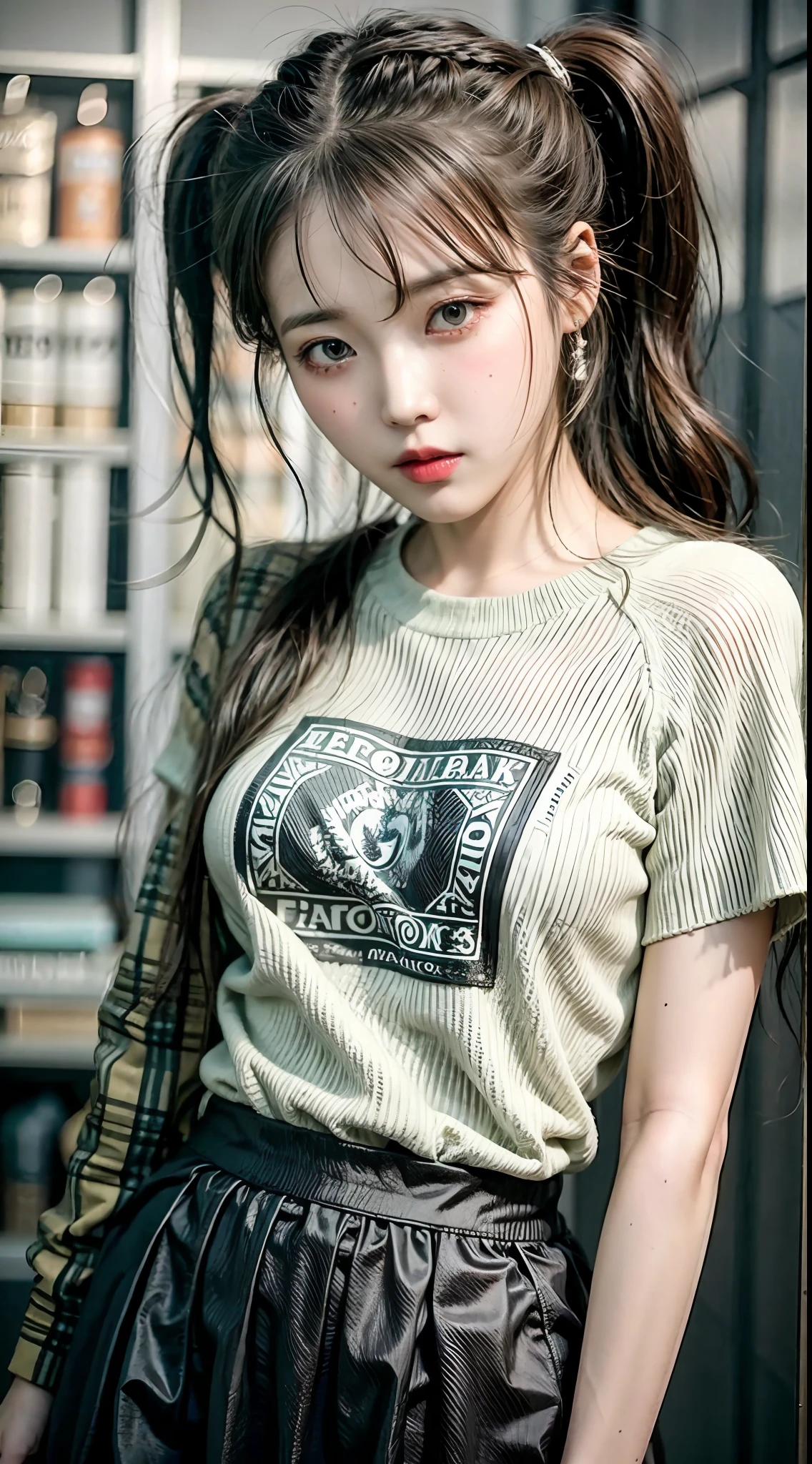 IU， Kizi， 独奏， little breast， （brunette color hair），pony tails，T-shirt skirt  （looking at the camera in）， tmasterpiece， best qualtiy， （photograph realistic：1.2）