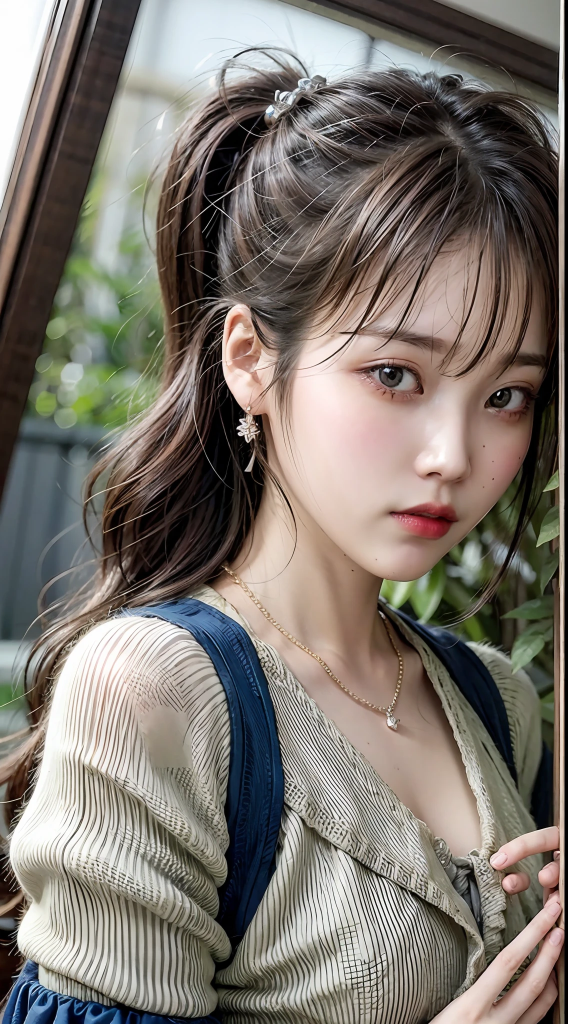 IU， Kizi， 独奏， little breast， （brunette color hair），pony tails，T-shirt skirt  （looking at the camera in）， tmasterpiece， best qualtiy， （photograph realistic：1.2）