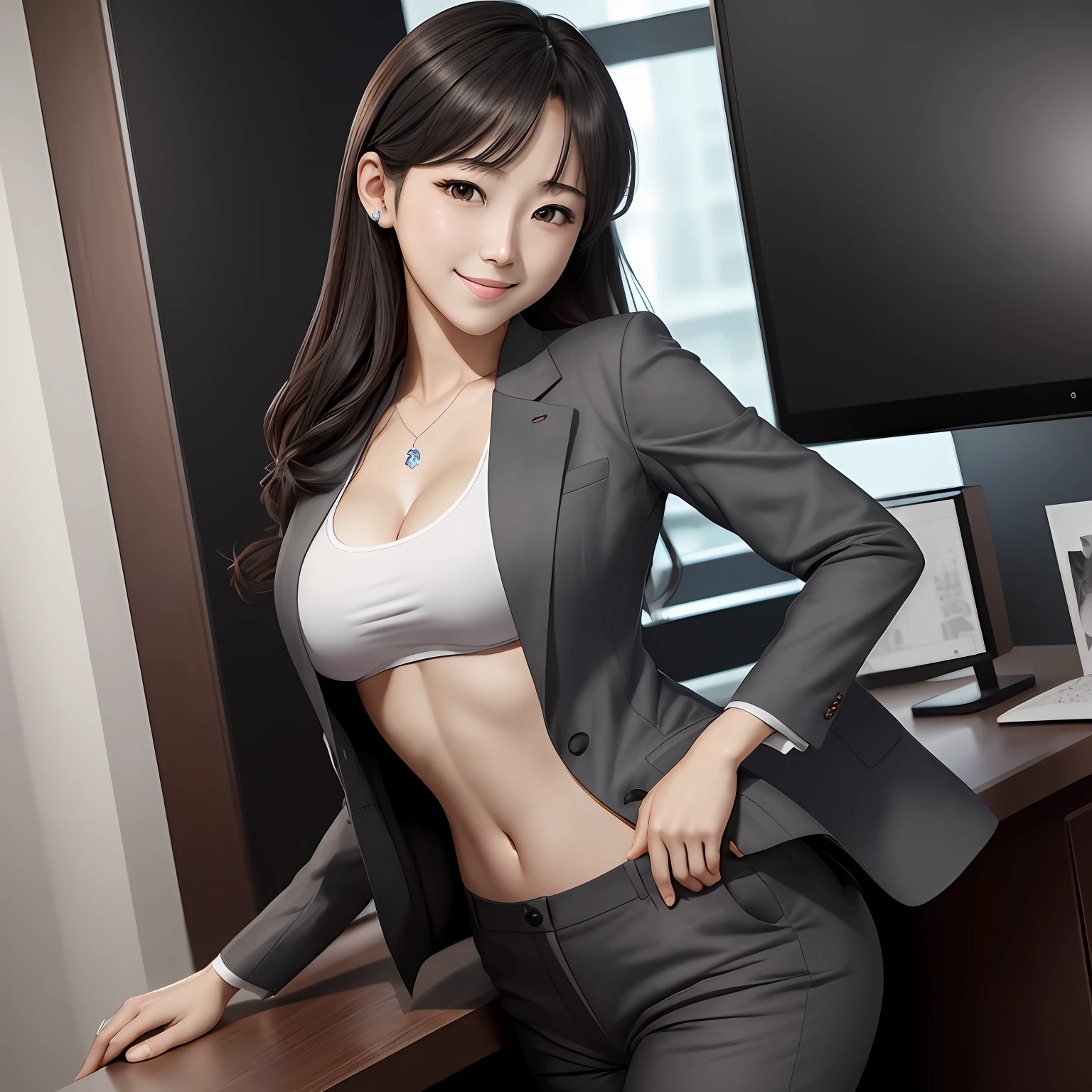 (8k, RAW photo, ultra high res, best quality, masterpiece:1.2), (realistic illustration), (extremely detailed CG unity 8k wallpaper), absurdres, 1 girl,21 yo, beautiful face,medium breasts,black medium hair,smile,tilting head,grin,upper body,slim fit pants,gray tailored jacket,office,upper body、乃木坂アイドル、女優、韓国アイドル --auto